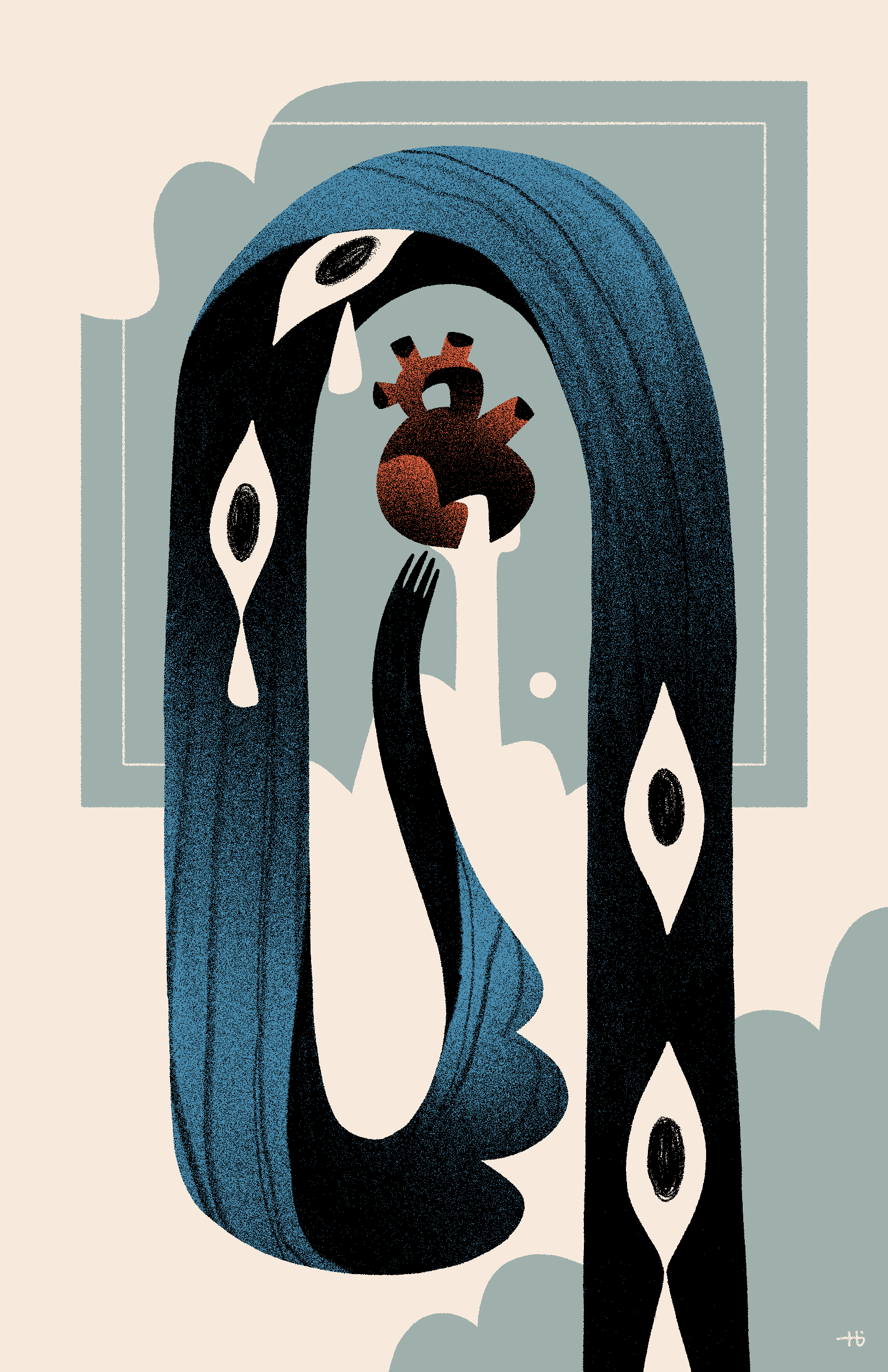 An archway-like being with many crying eyes reaches toward a leaking heart at its center.