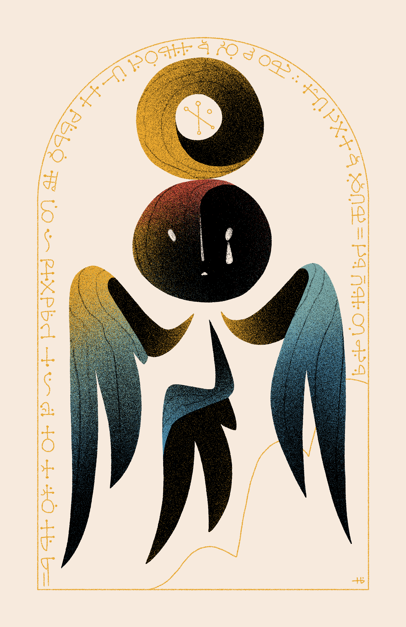 A three-winged angel cries within an archway, surrounded by text in Wormrōte.