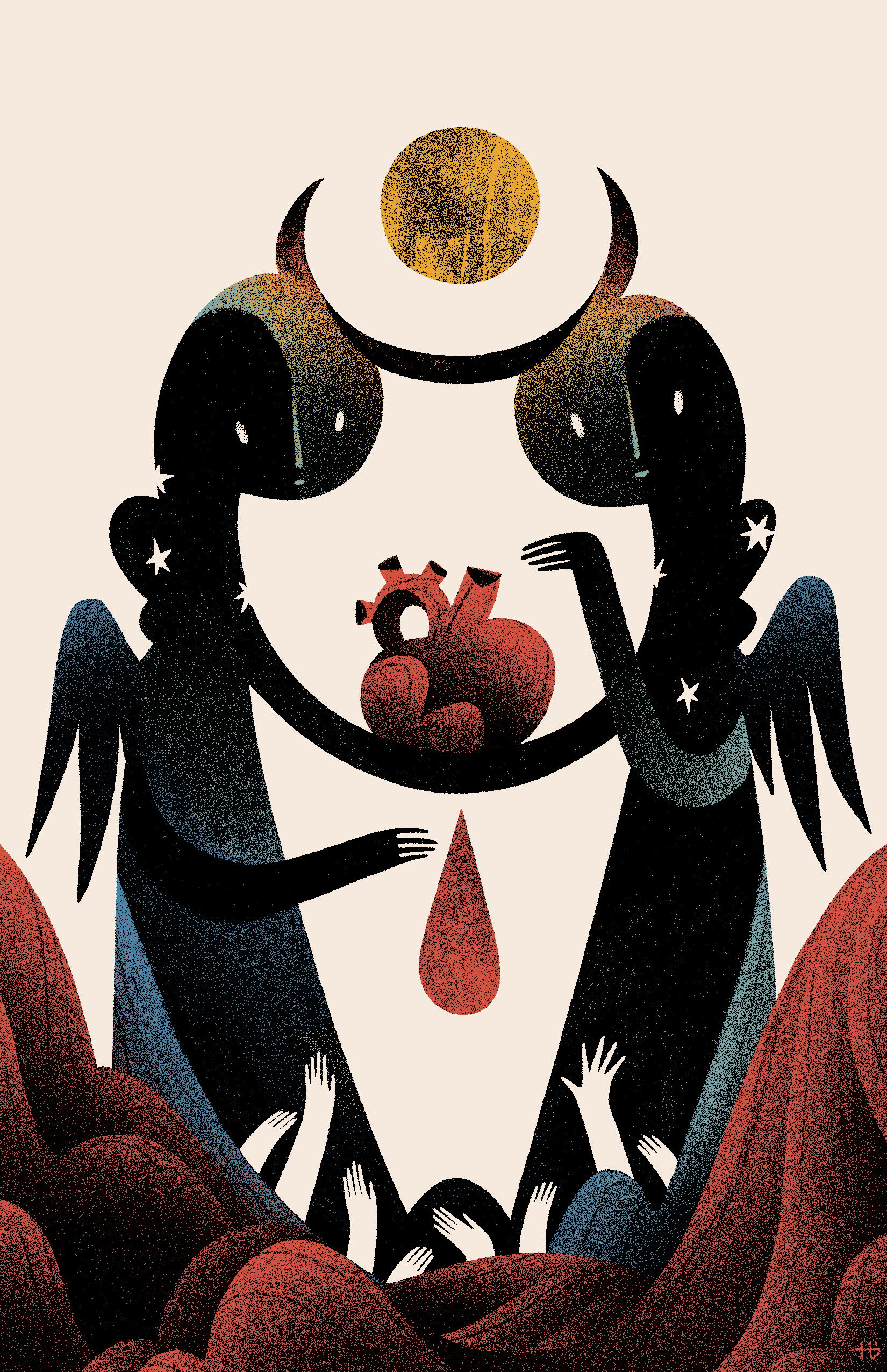 Two horned angels hold a dripping heart. The frame below fills with blood, and several hands reach desperately above the tide.