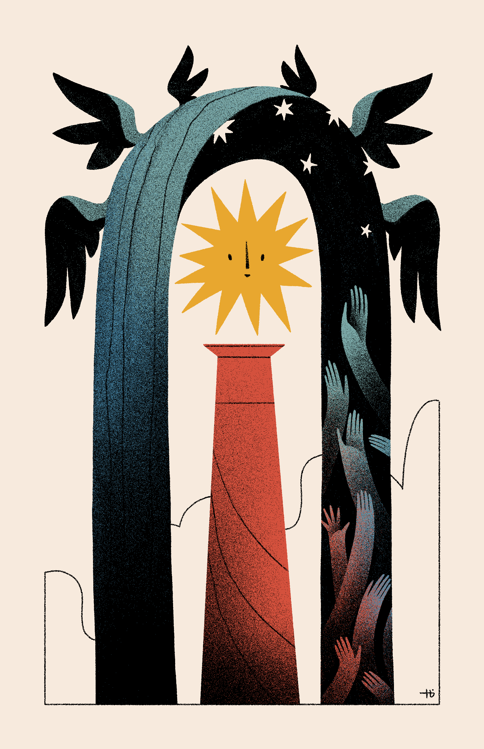 A red column with a yellow, star-like entity is framed by a blue, six-winged archway containing stars and upward-reaching hands.