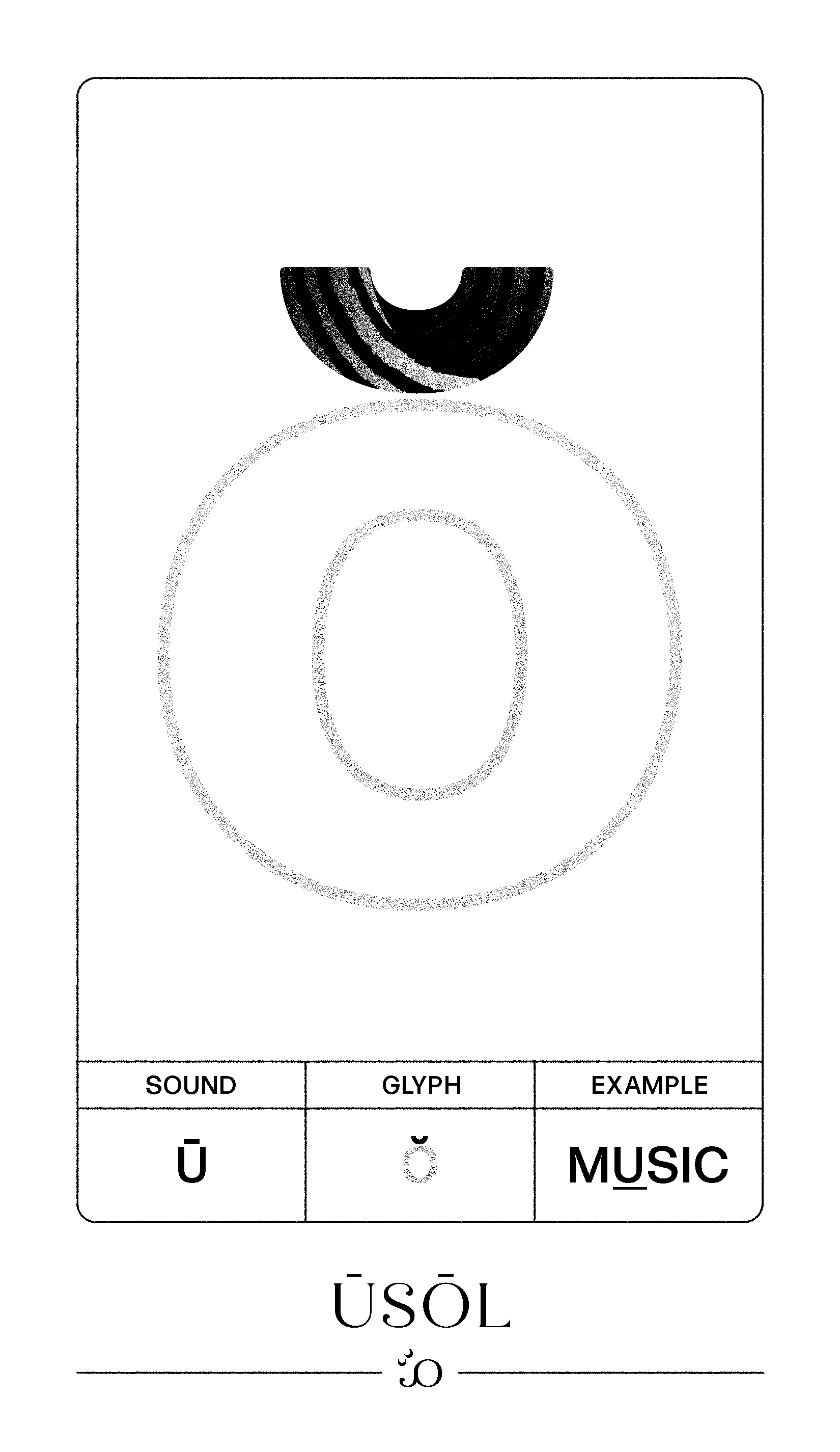 A flashcard-style card showing the Āut glyph in Wormrōte. It represents the sound of a long U.