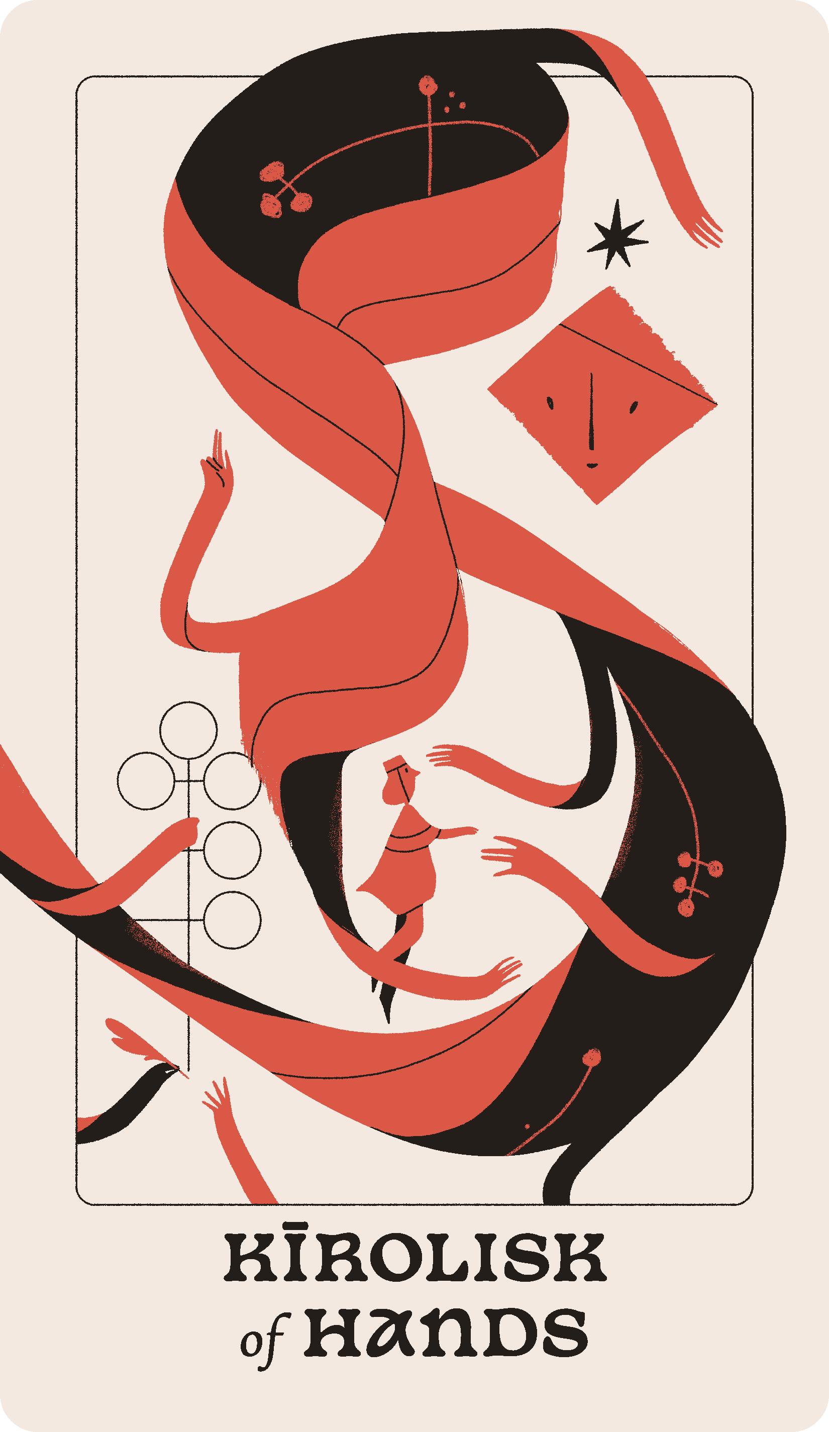 A red, ribbon-like entity with many arms wraps around a seeker. Below, they appear to draw a sigil into existence.