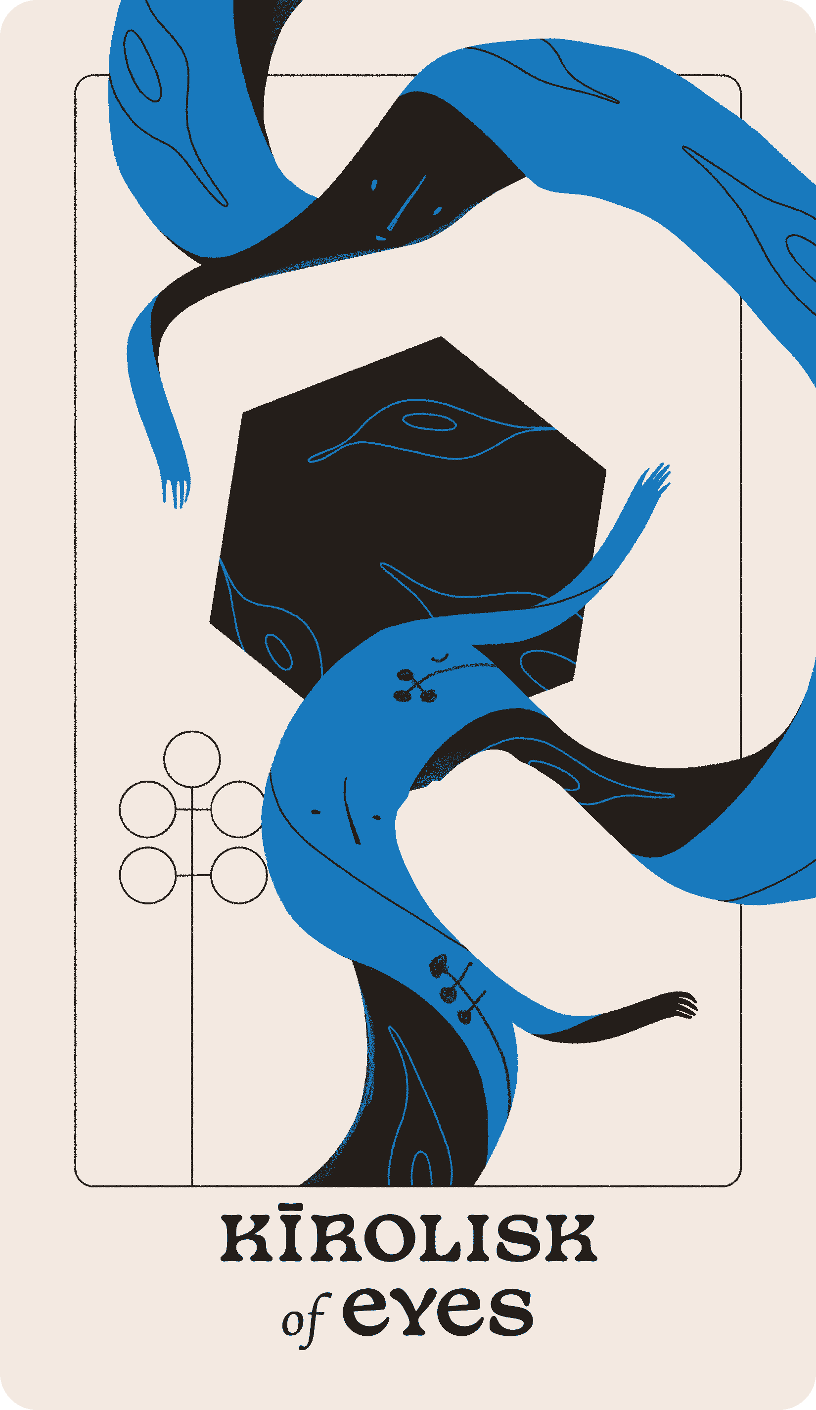 A blue, ribbon-like entity with three arms and two faces wraps around a black heptagon containing eyes.