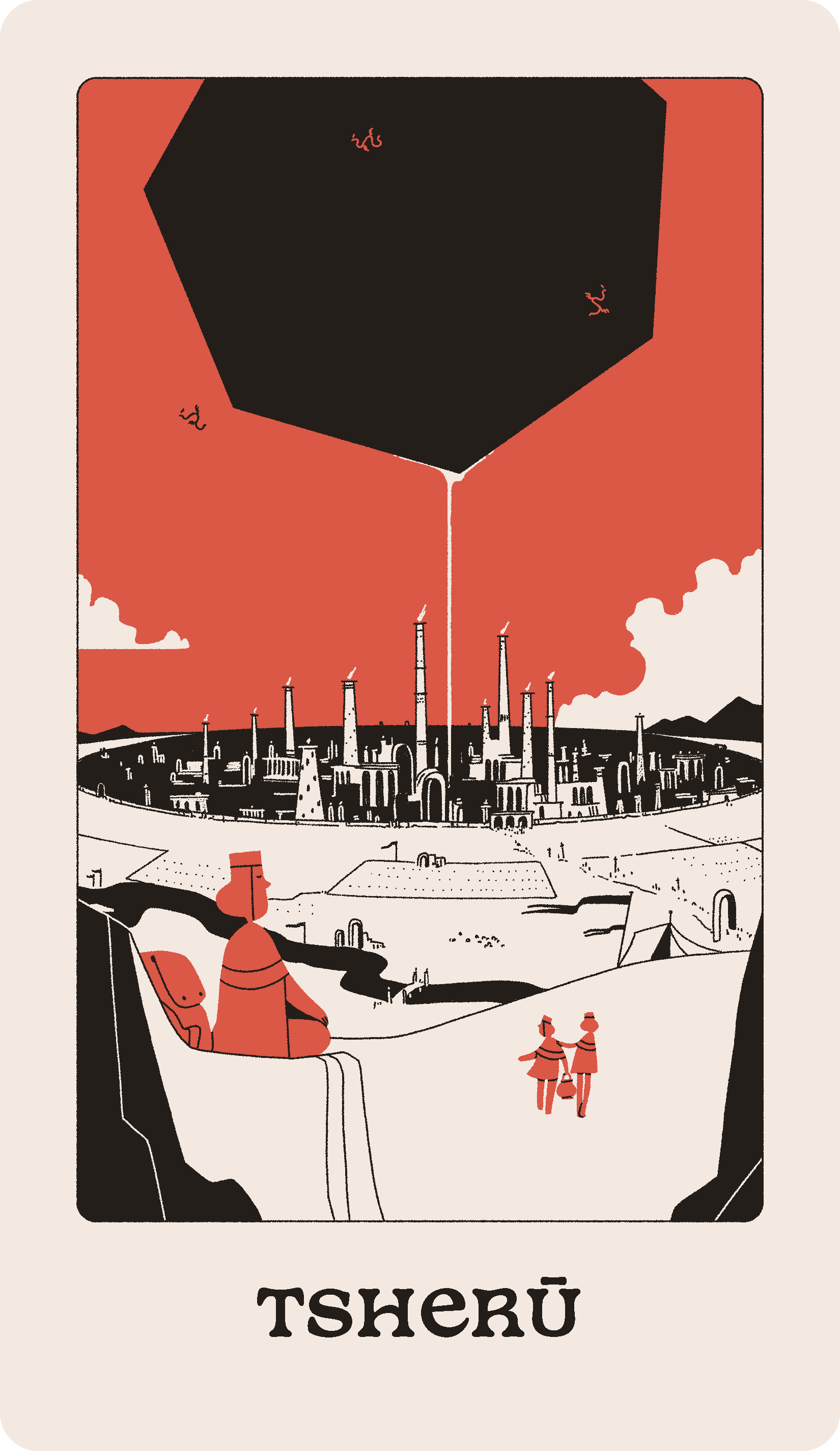 Seekers gather on a hillside overlooking the Holy City of Tsherū. The city itself is within a crater beneath a massive, floating, black heptagon — the Throne.