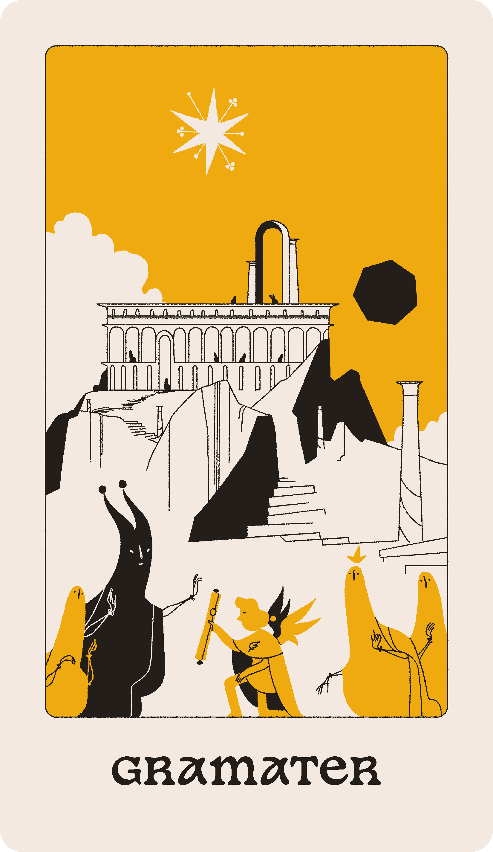 A temple stands among rocks, and is attended to by Saints. A Hierophant is delivered a message from a winged courier. A star bound by sigils and a large black heptagon can be seen in the distance.