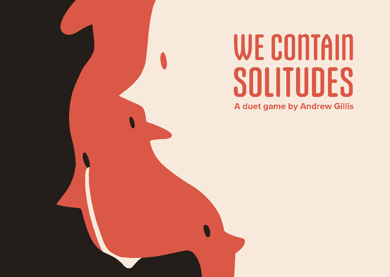 The cover for the game 'We Contain Solitudes', which has an abstract stack of faces in black, red, and white.