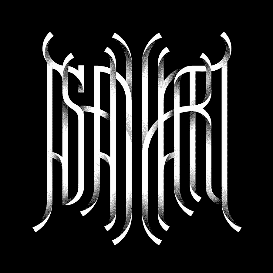 A logo for Ashenheart - a complicated tangle of letterforms, making a shape reminiscient of a butterfly or a bat.