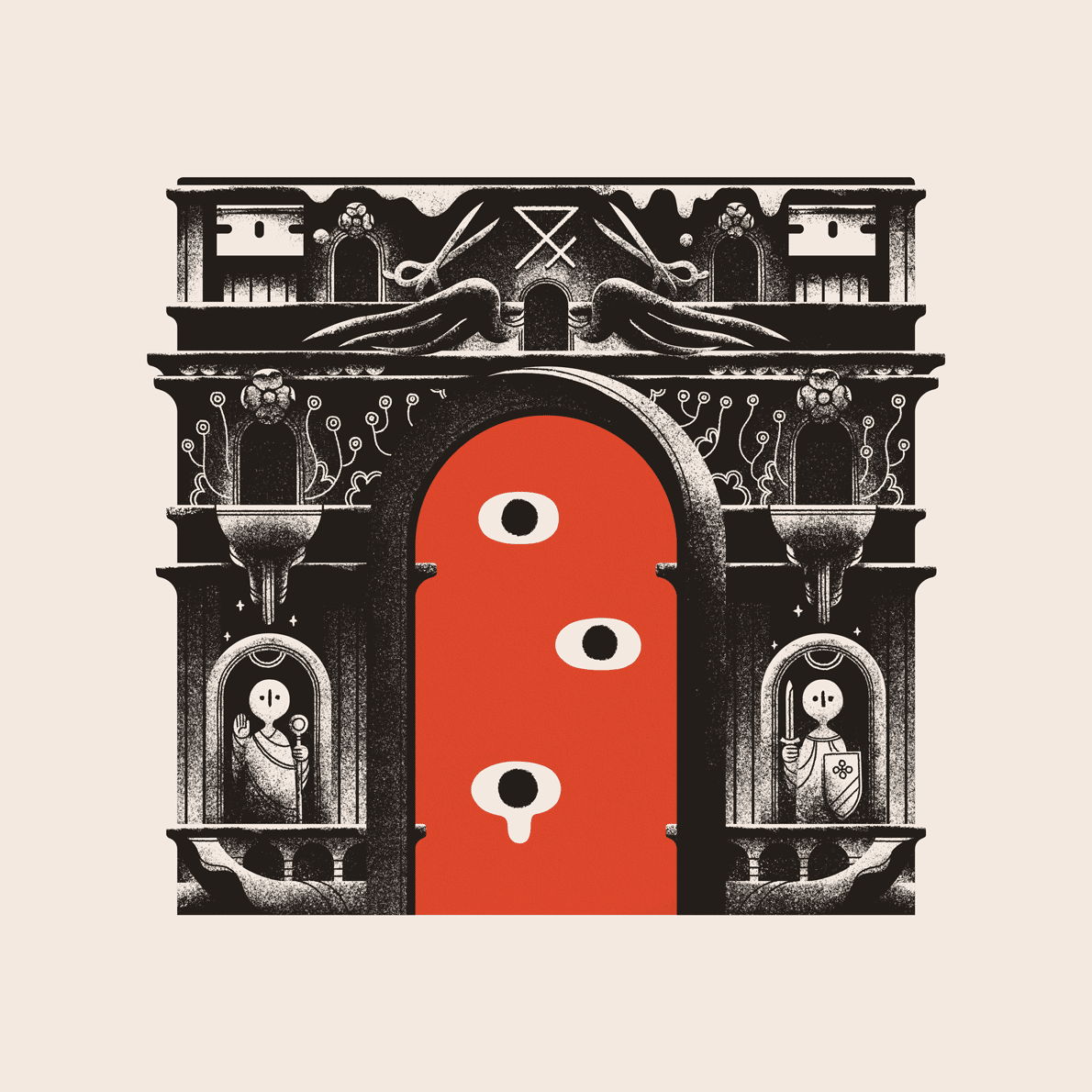 An album cover for Cuneiform's 'Dark New Reward'. On it is an obsidian archway filled with half-abstract figures, scissors, wings, flowers, and blades. In the center, the arch leads to an expanse of red dotted with three eyes.