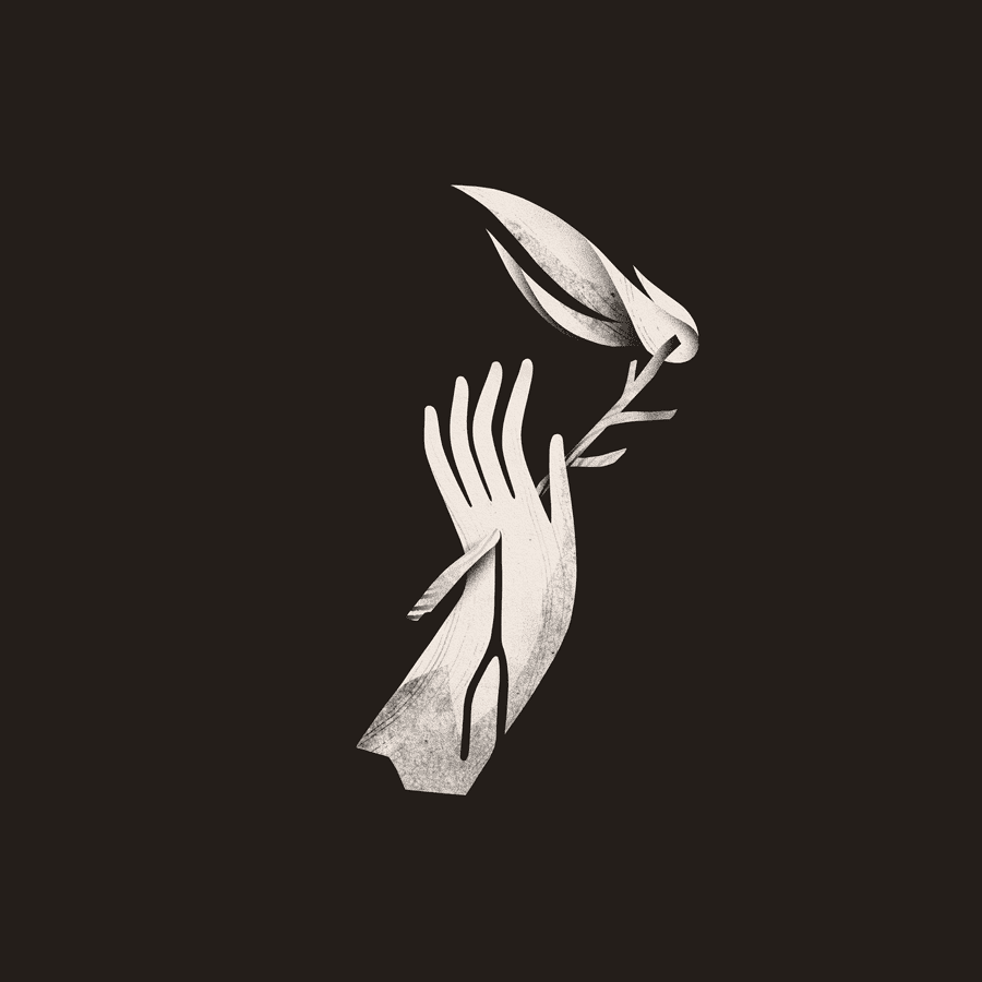 A cover for Dreamwell's single 'All Towers Drawn in the Equatorial Room'. On it, A hand is pierced by a branch of flaming wood.