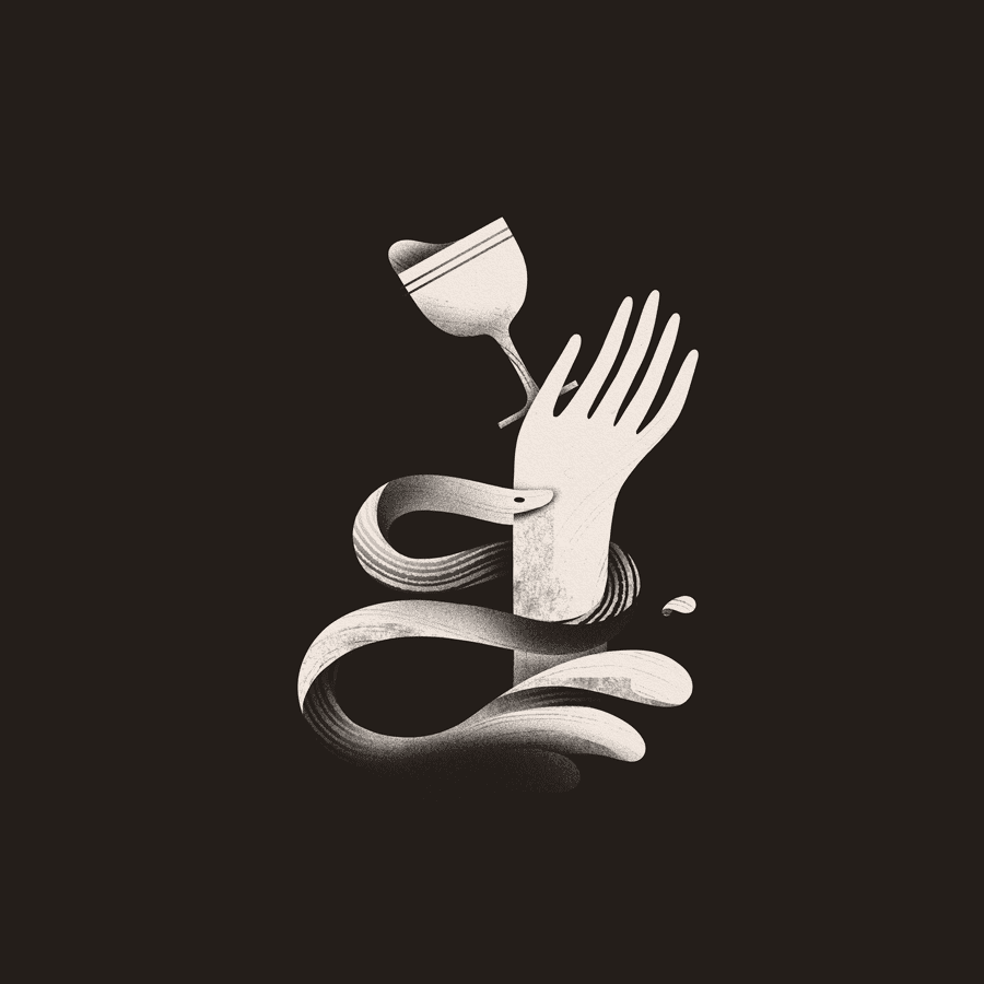 A cover for Dreamwell's single 'Blighttown Type Beat'. On it, A hand is bitten by a serpent, and drops a chalice.