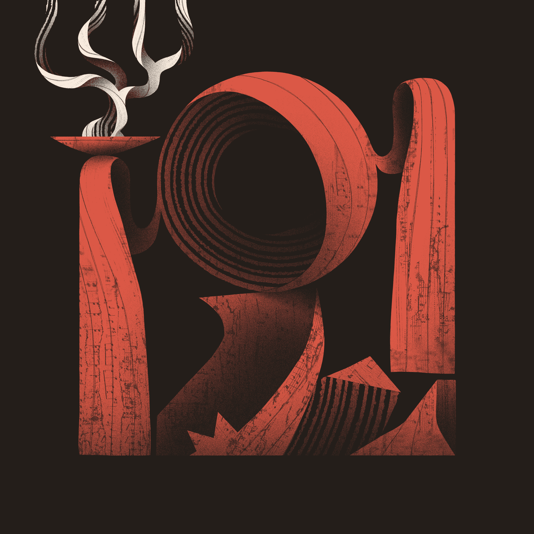 An album cover for Haedron's 'Palimpseste'. On it, an abstract red monument fills the space, and a leafless white tree grows upward from it.