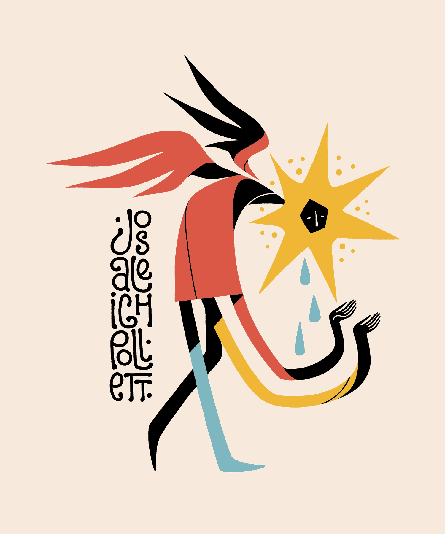 A t-shirt made for Josaleigh Pollett. A brightly colored, abstracted angel walks and weeps into their hands.