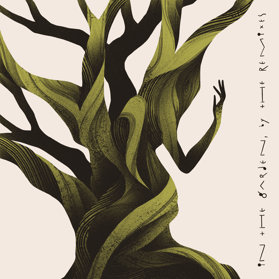 An album cover for Josaleigh Pollett's 'In The Garden, By The Remixes'. It builds upon the first album cover by making a green tree grow over and out of both intertwined figures. All that can be seen of them now is a hand, held up for introspection.