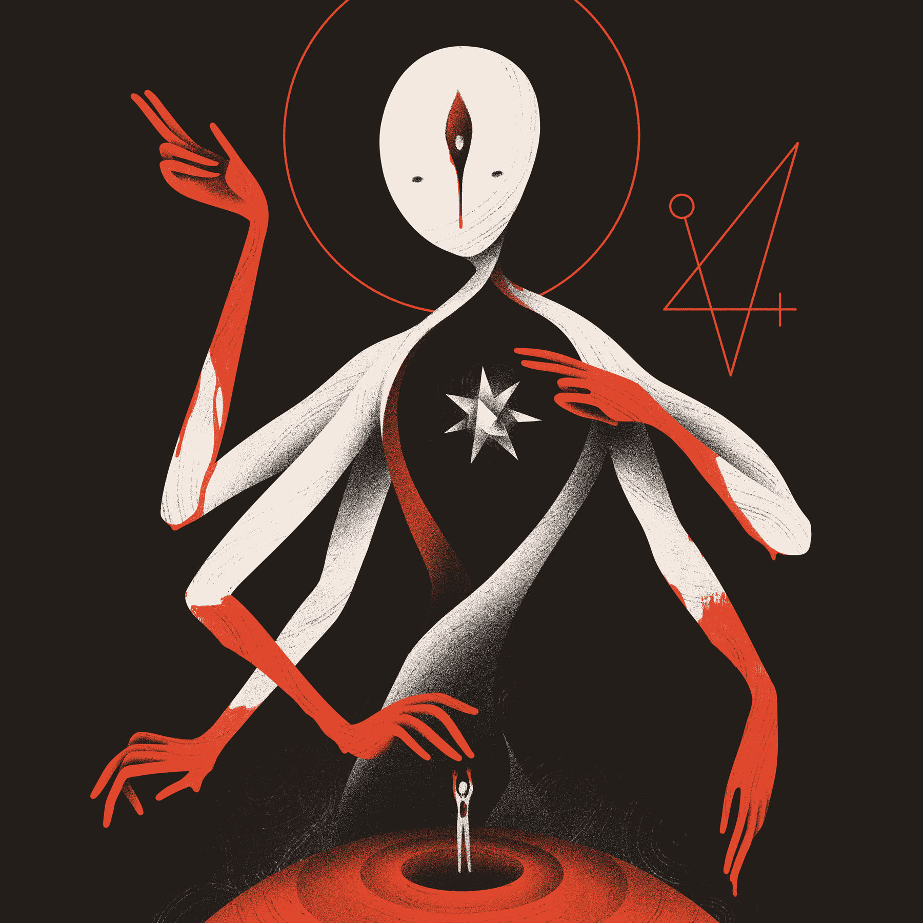 An album cover for Melpomene's 'A Body is a Suggestion'. On it, a massive alien figure gestures with five bloodied arms. One points toward a hole in their chest that contains a star. Below, a small human stands over a red orb with a matching hole in their chest.