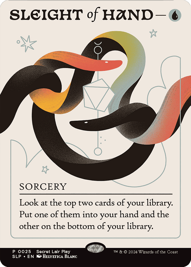 The MtG card 'Sleight of Hand', which depicts two serpents — one rainbow and one black — intertwining over a geometric figure.