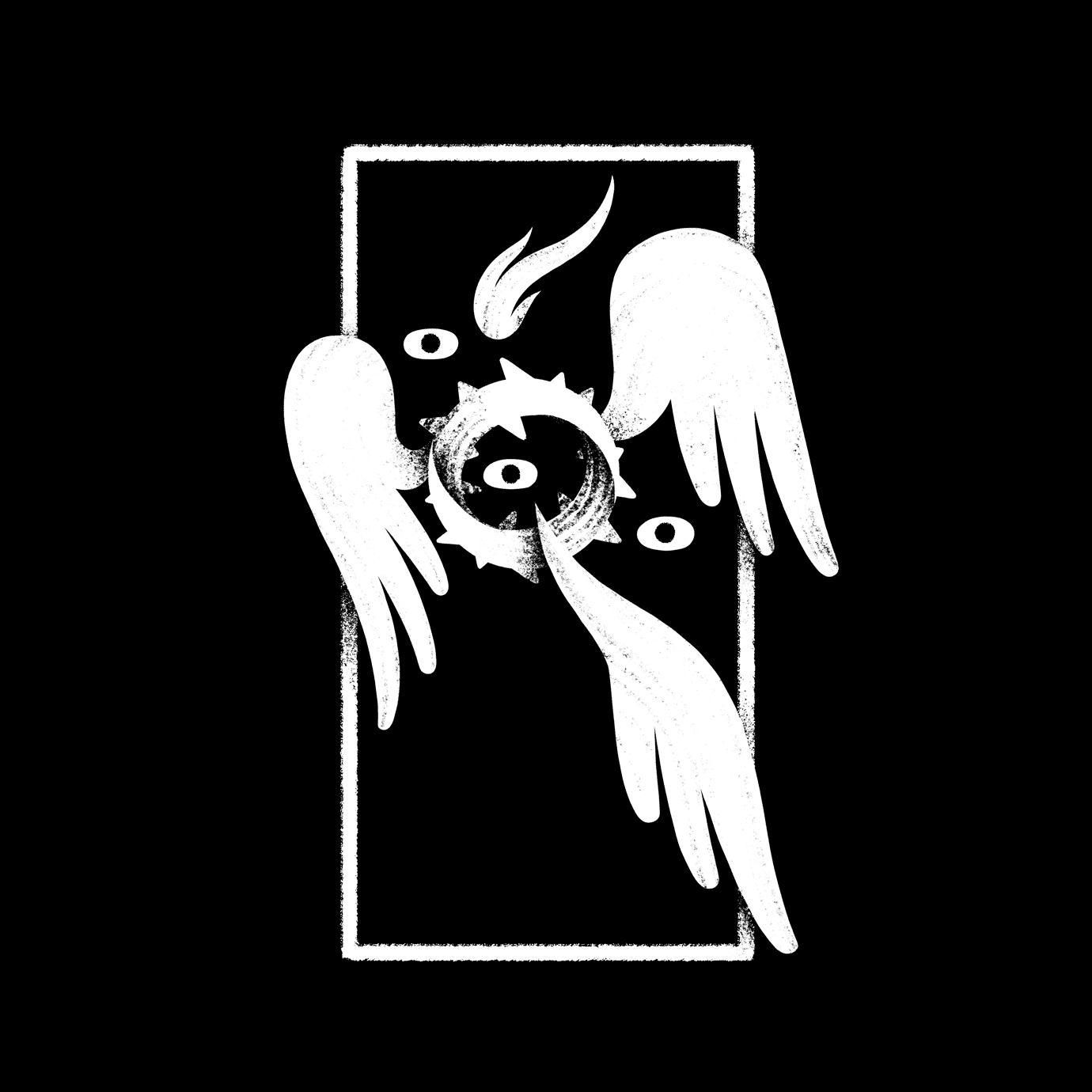 Made in collaboration with PrintMer. A ringlike angel with three wings and three eyes flies through a frame.