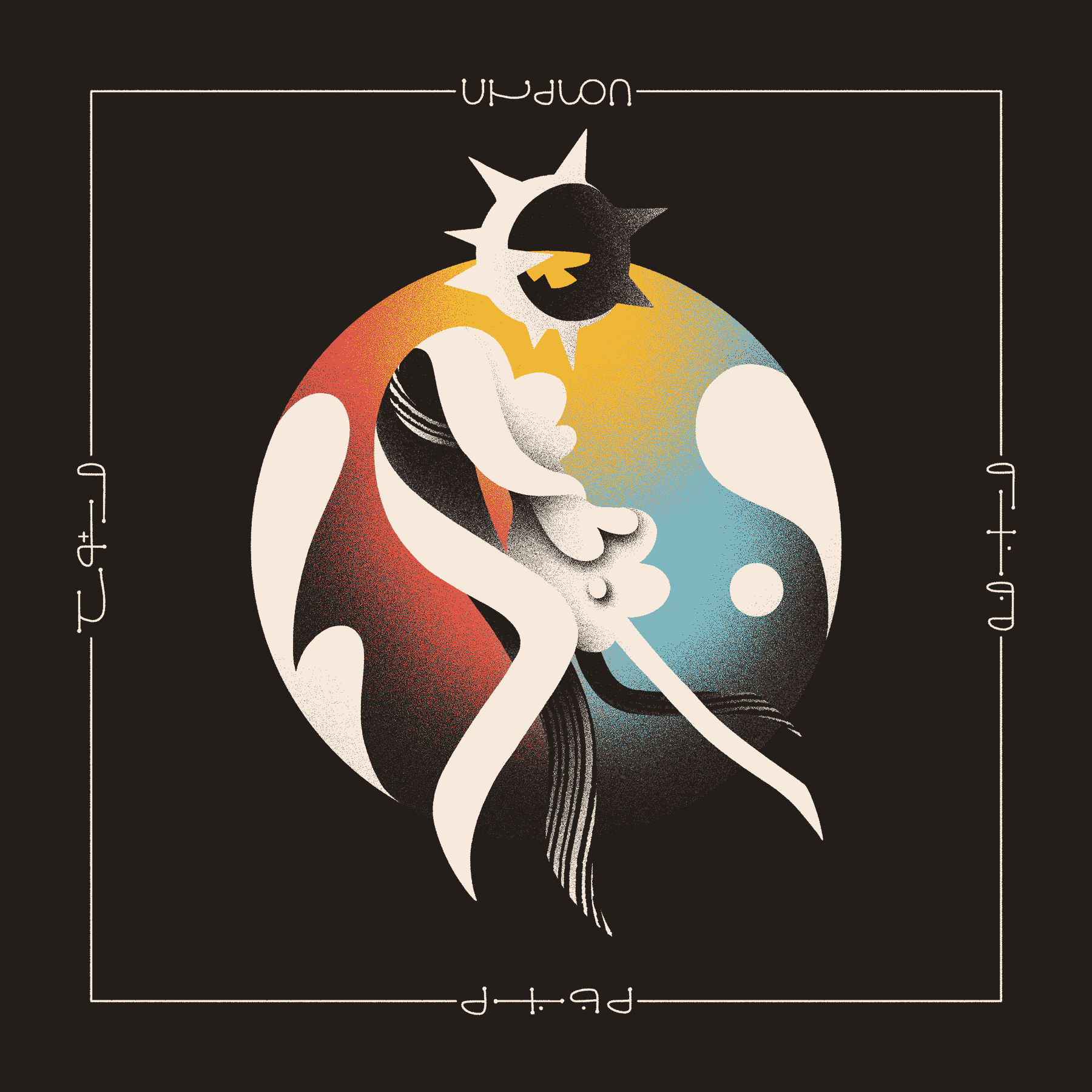 An album cover for Waxwolf's 'Magic Madness Sadness'. On it, two abstracted figures clutch one another. One has a spiked halo for a head, and they both float above a cloudy sphere of red, blue, and yellow.
