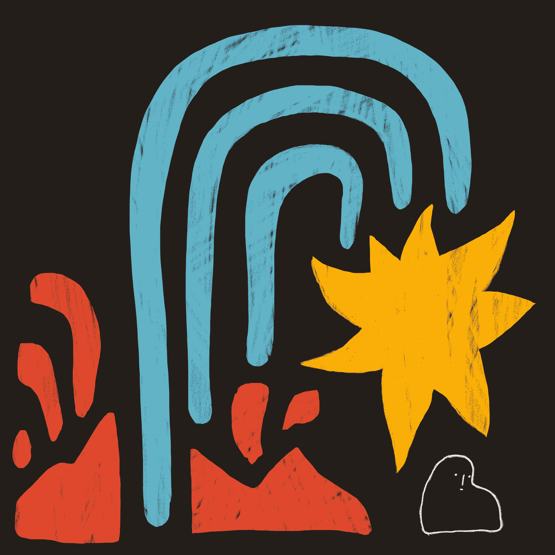 An abstract piece in red, blue, yellow, and black that appears to show a star arcing and about to land on a seated person.