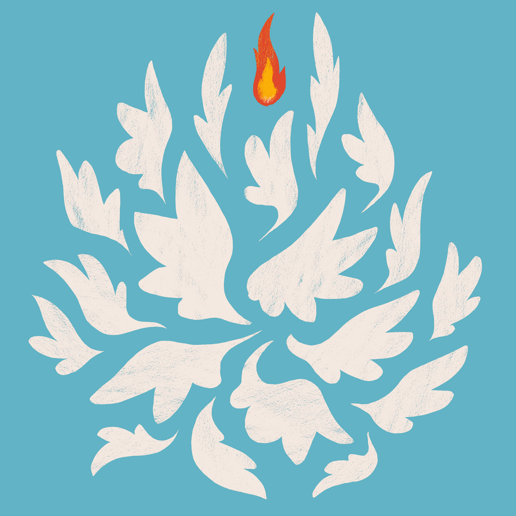 A flurry of white, abstracted wings beneath a red and yellow flame on a blue background.