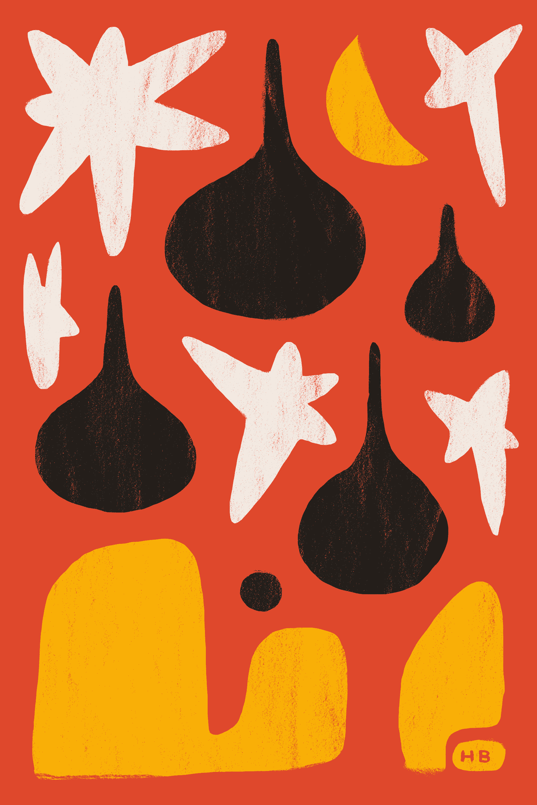 An abstract series of textured black drops and white stars punctuated by yellow shapes are evenly spaced on a red background.