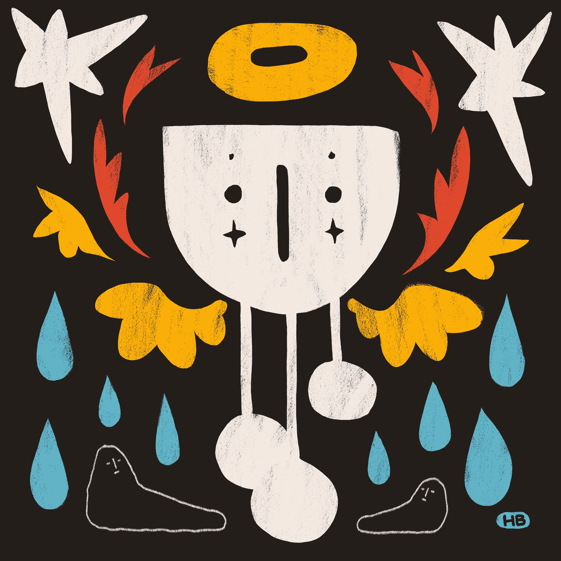 An abstract, cup-like angelic figure in white, yellow, and red rains blue water onto two laid down figures.