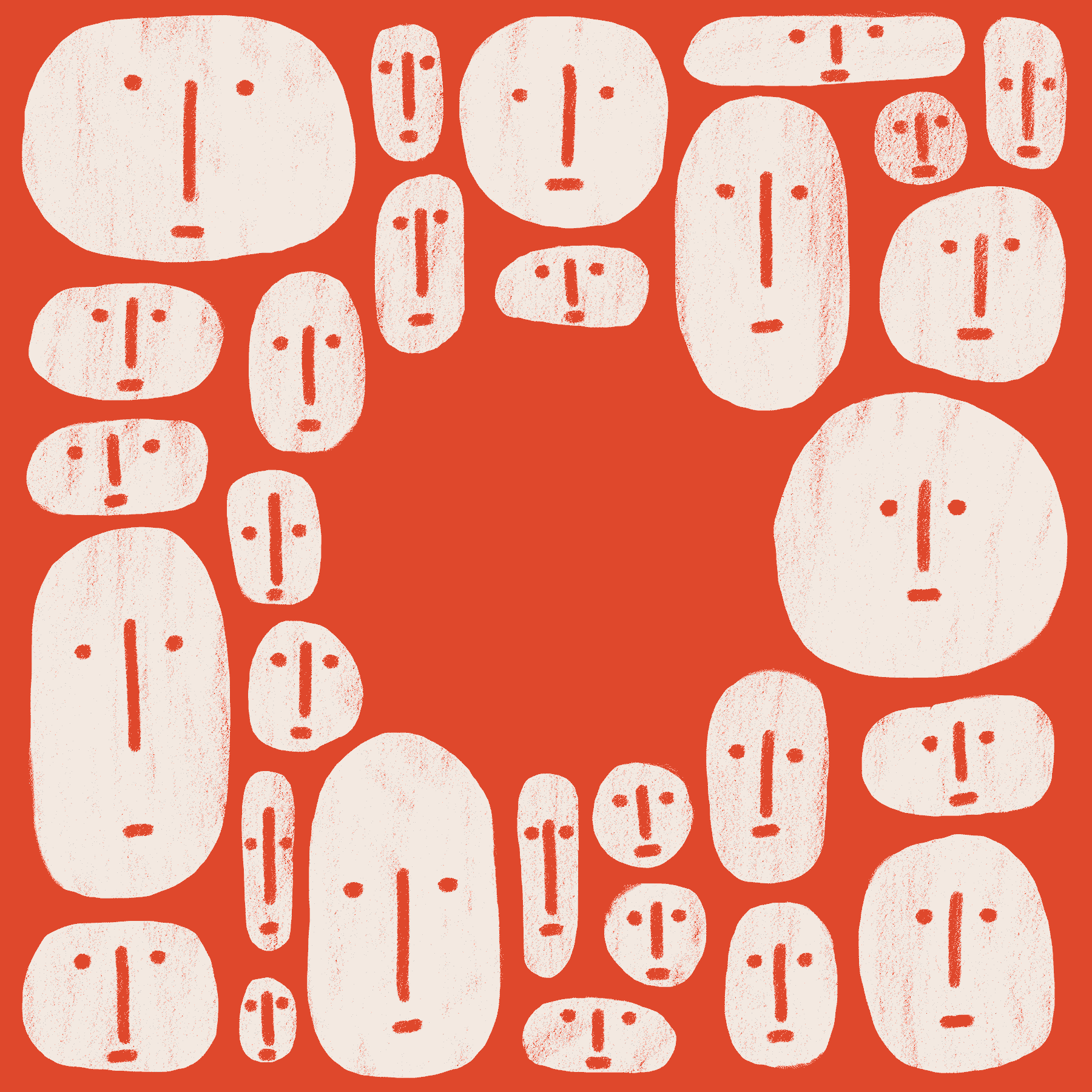 Faces of various shapes and sizes fill the frame over a red background. They leave a large, circular gap in the middle of the composition.