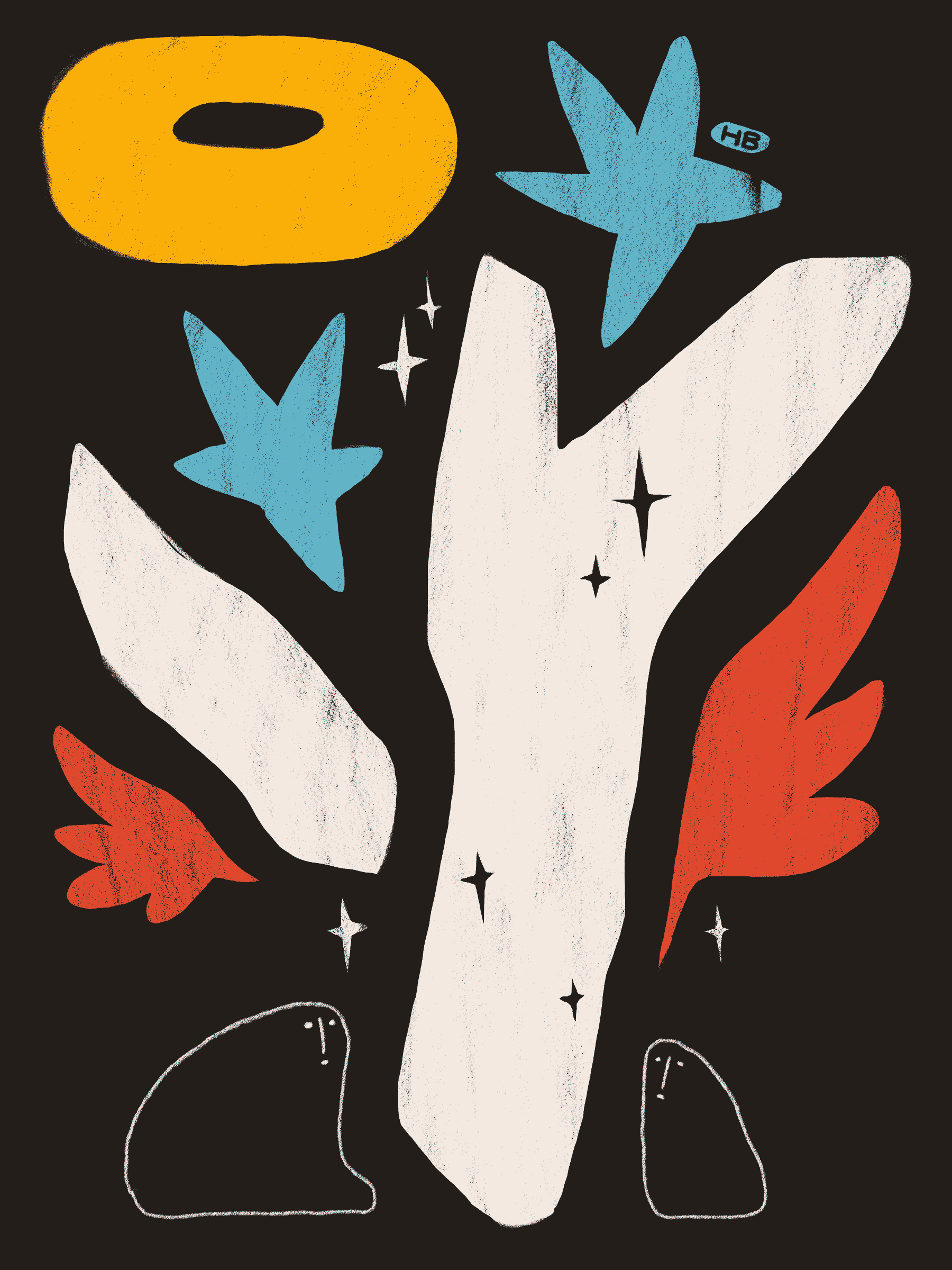 A white, yellow, red, and blue branch-like entity surrounded by a halo, stars, and wings descends upon two small, blob-like people.