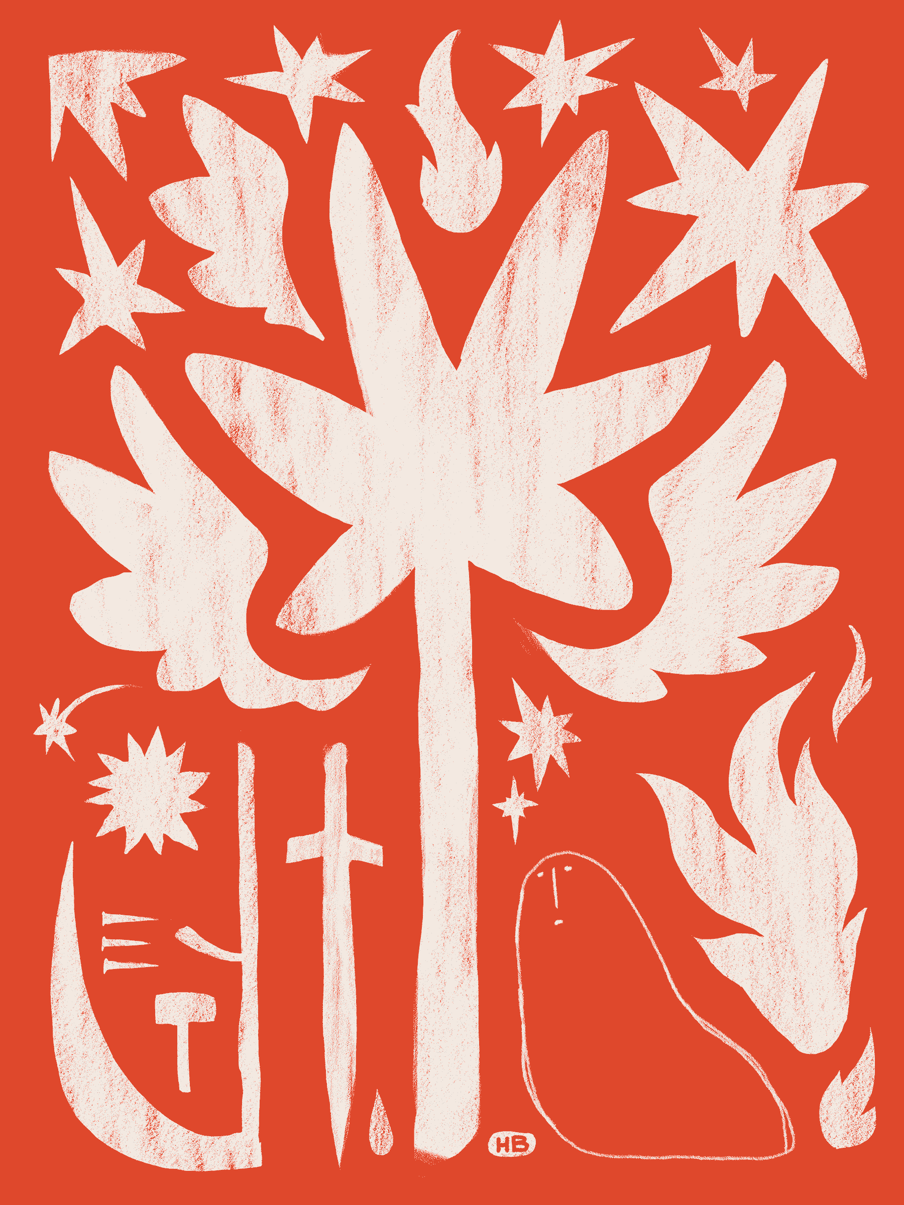 A red frame is filled with an assortment of white shapes - wings, stars, branches, a scythe, a hammer, and a sword among others. Amid this, an outlined blob-like figure leans upward.