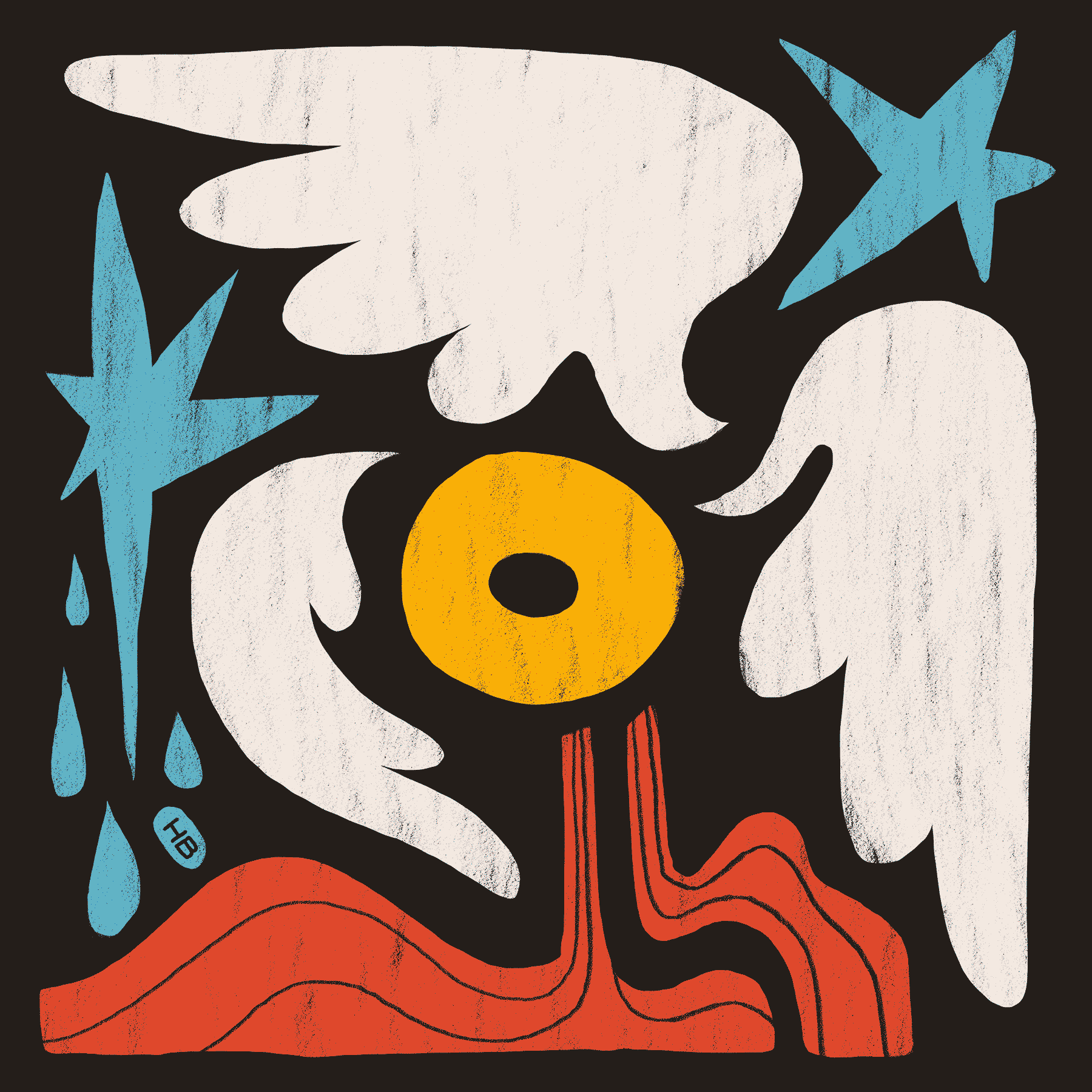 A halo surrounded by three large wings and stars pours blood and water onto the ground below.