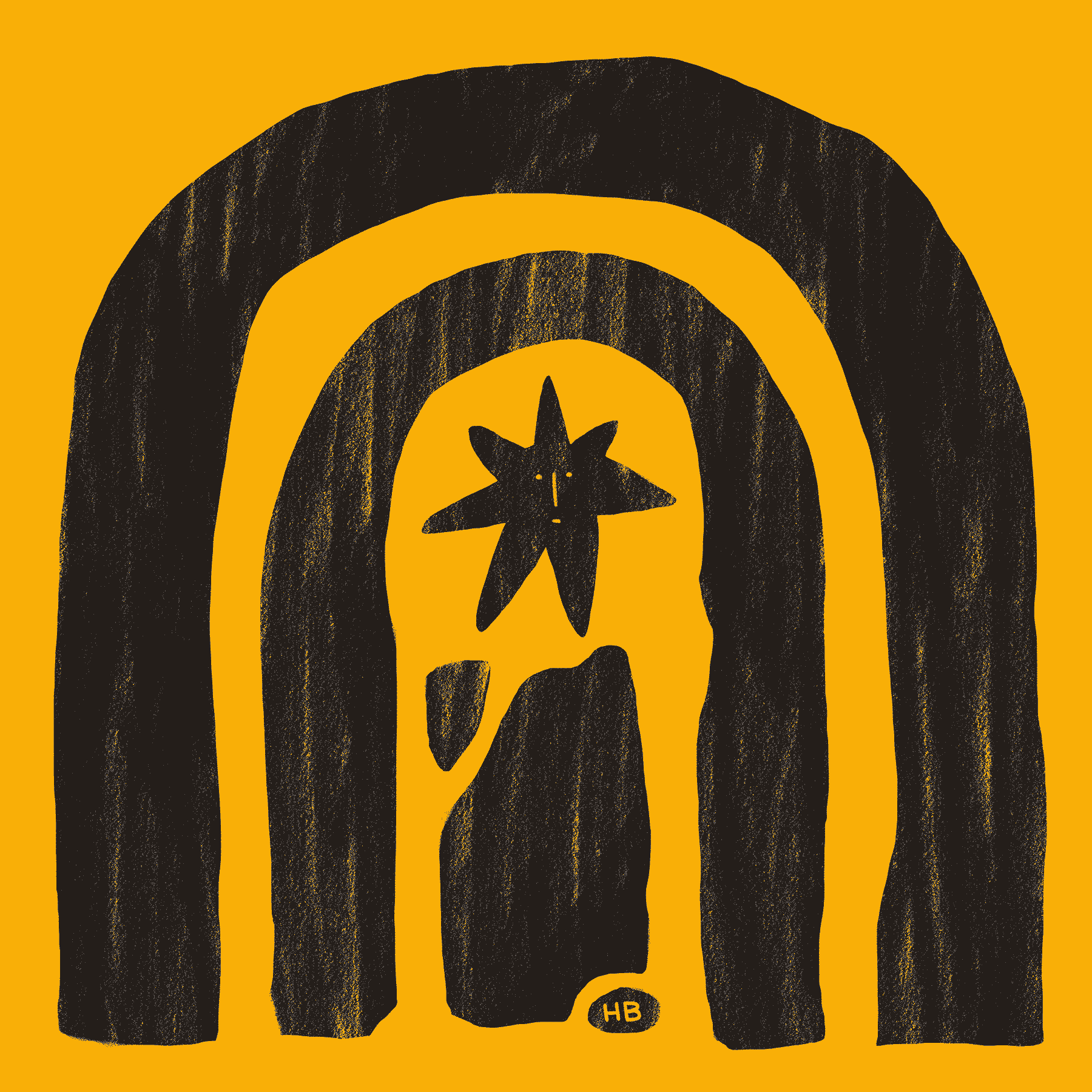A black, star-like entity balances upon a stone while two black arches stretch overhead. The scene is rendered upon a yellow background.