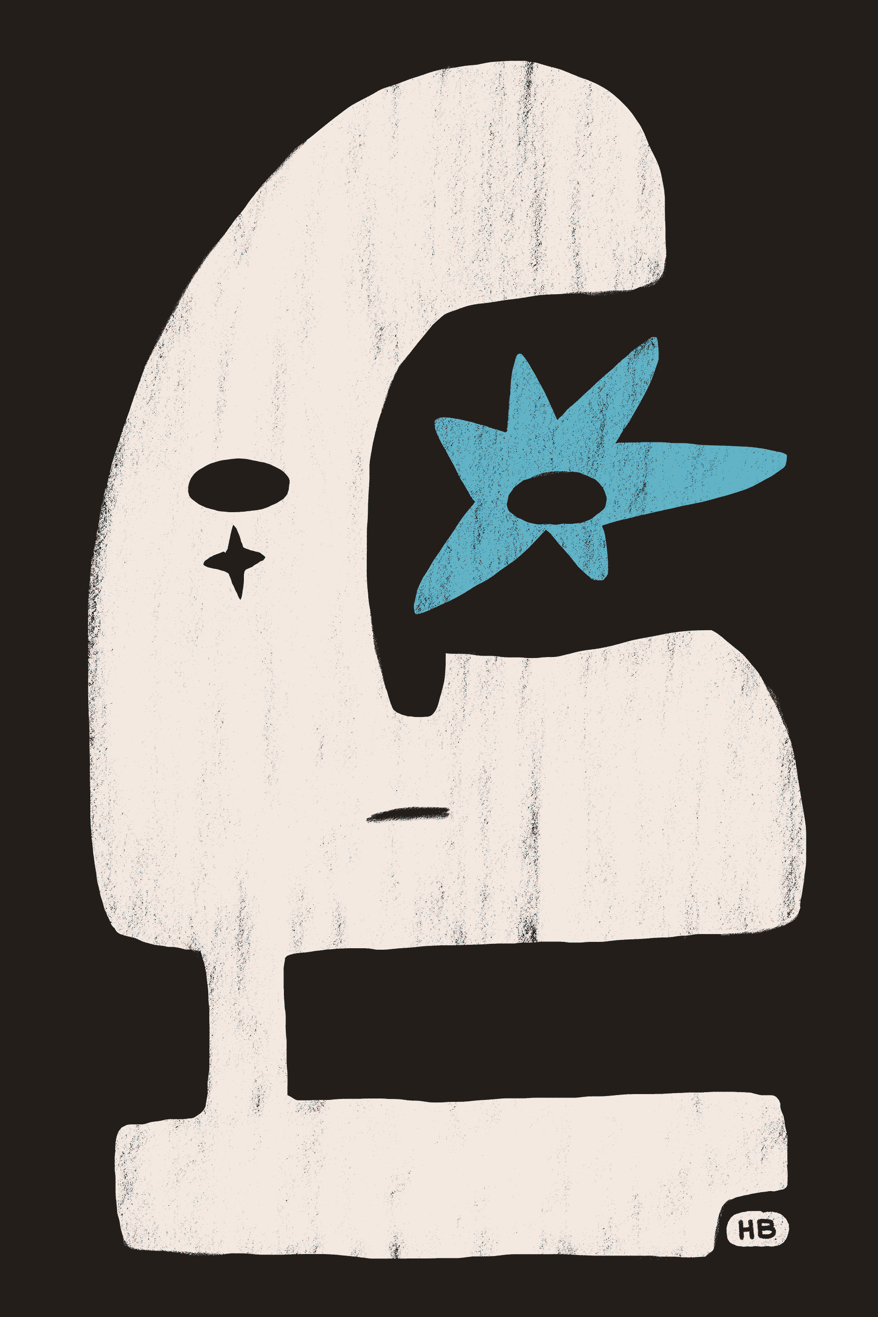 A very abstracted head on a pedestal. A large portion of the head is carved out and filled with a blue star.