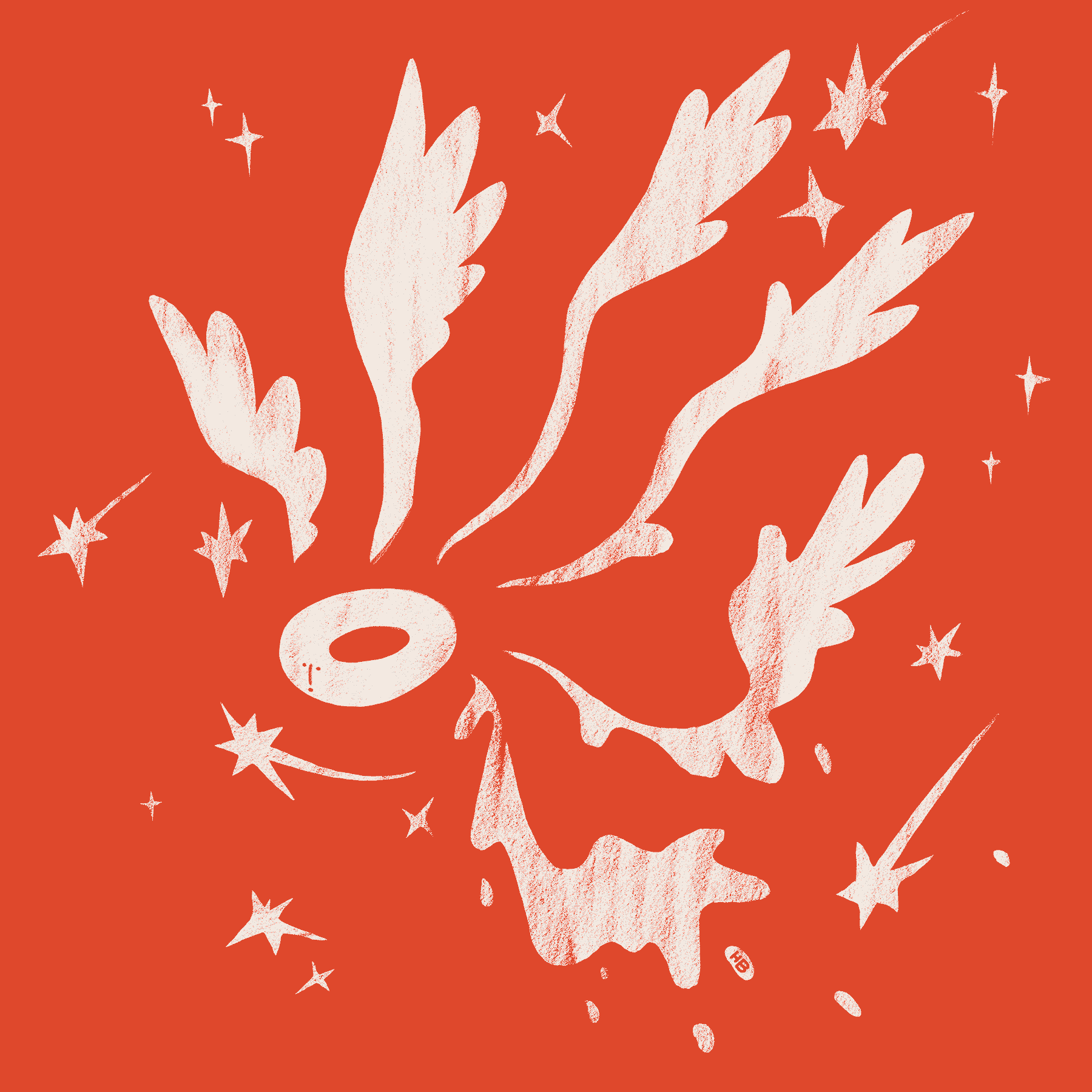 A white, many-winged entity careens downward on a red field. The entity is ring-shaped, and the wings appear to be melting. The figure is surrounded by falling stars.