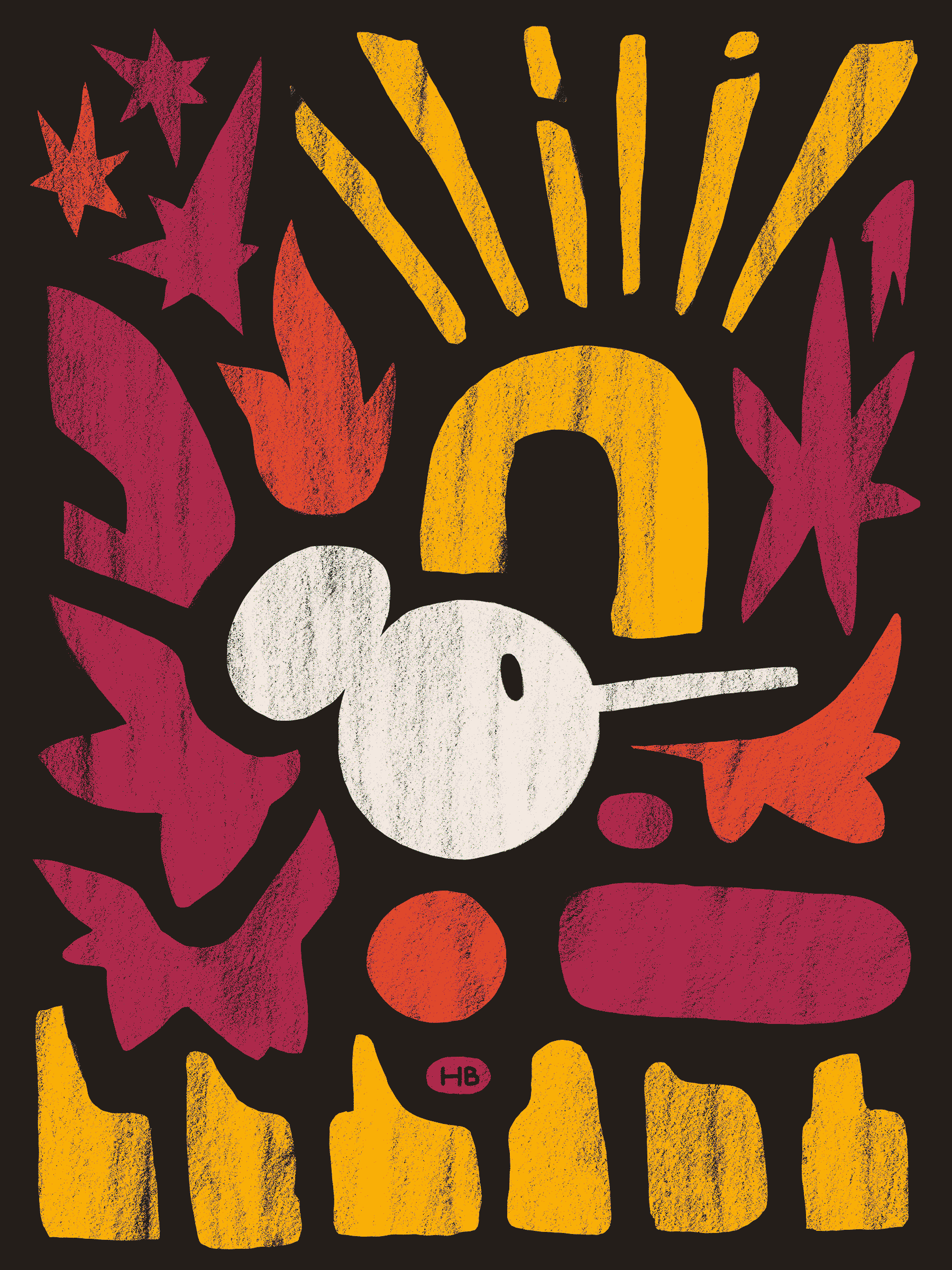 An abstracted face of the Dancer is surrounded by a variety of abstract shapes in yellow, orange, and violet. The shapes resemble seats, wings, flame, stars, and an arch.