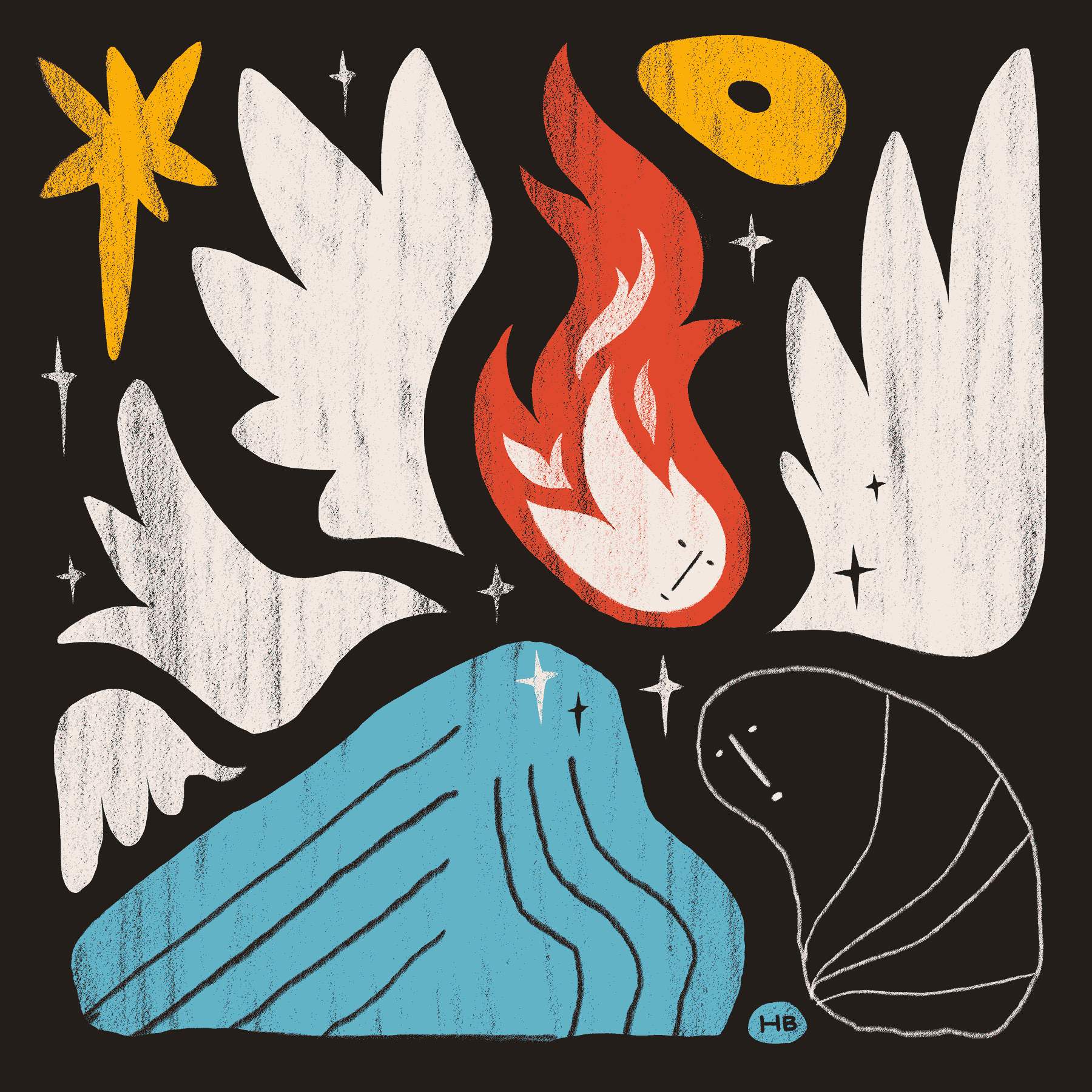 A blob-like figure bows before an abstract, angelic figure. The angel has several wings and flame for a head.