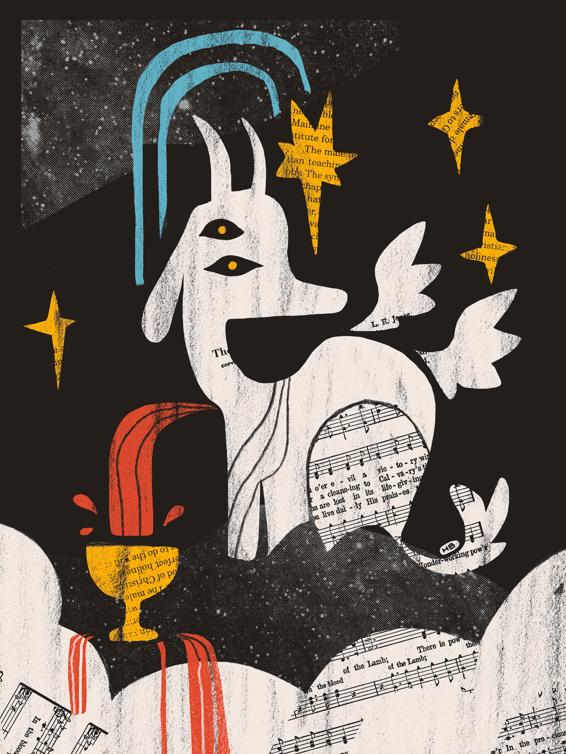 An abstracted winged lamb bleeds into a golden cup, and is surrounded by a collage of stars, clouds, and bits of hymnal pages.
