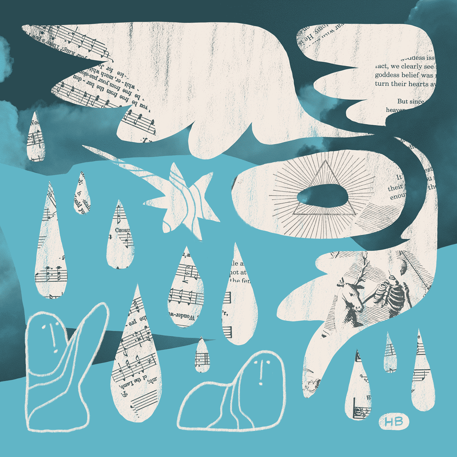 An abstracted angel rains water and a star upon two figures over a light blue background. Collage is scattered over the piece, incorporating hymnal pages, evangelical literature, clouds, and ink drawings.