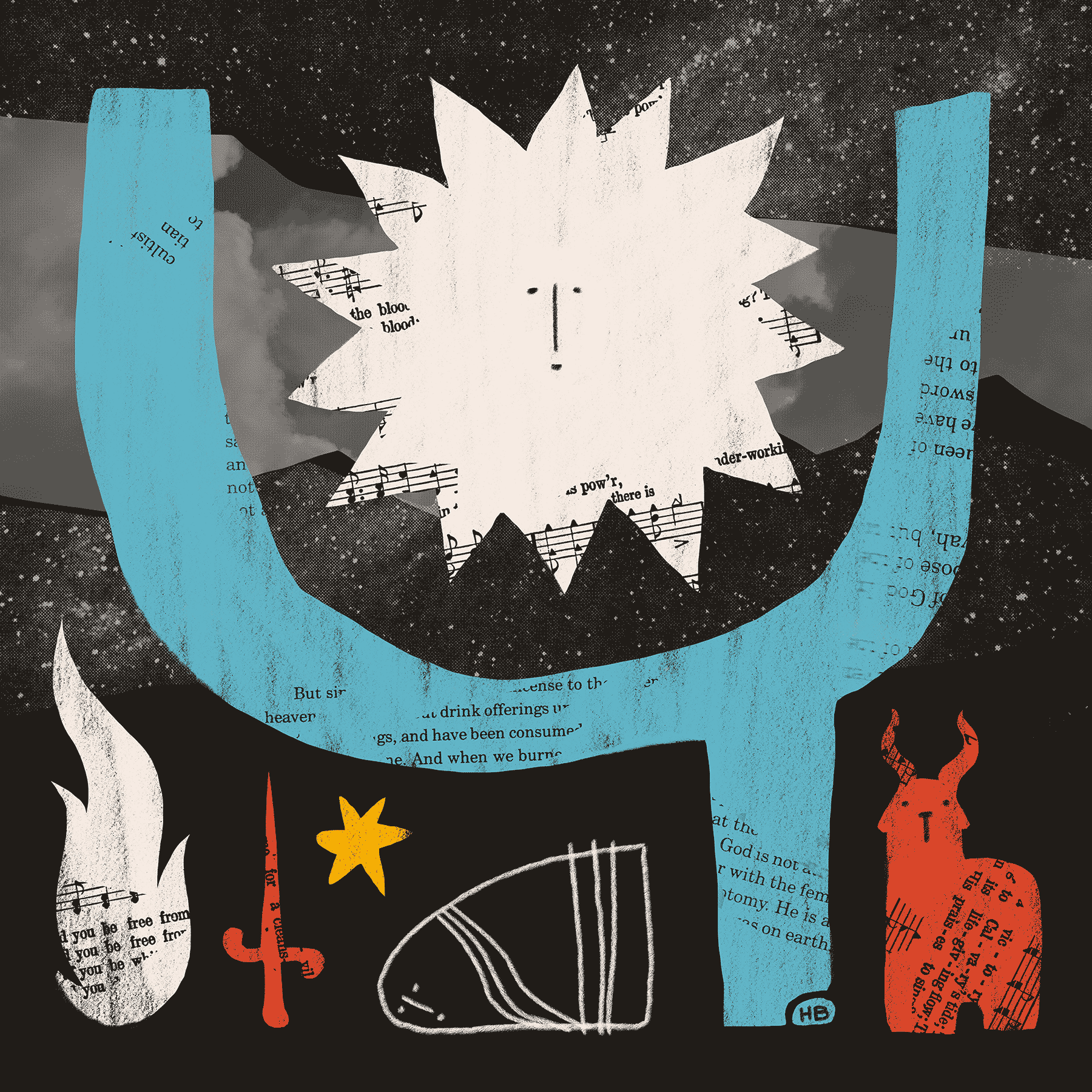 A sun-like figure looks down upon a very abstract representation of a river, a flame, a bound figure, and a red goat. Collage from the Bible, hymnals, and star photos is spread throughout.