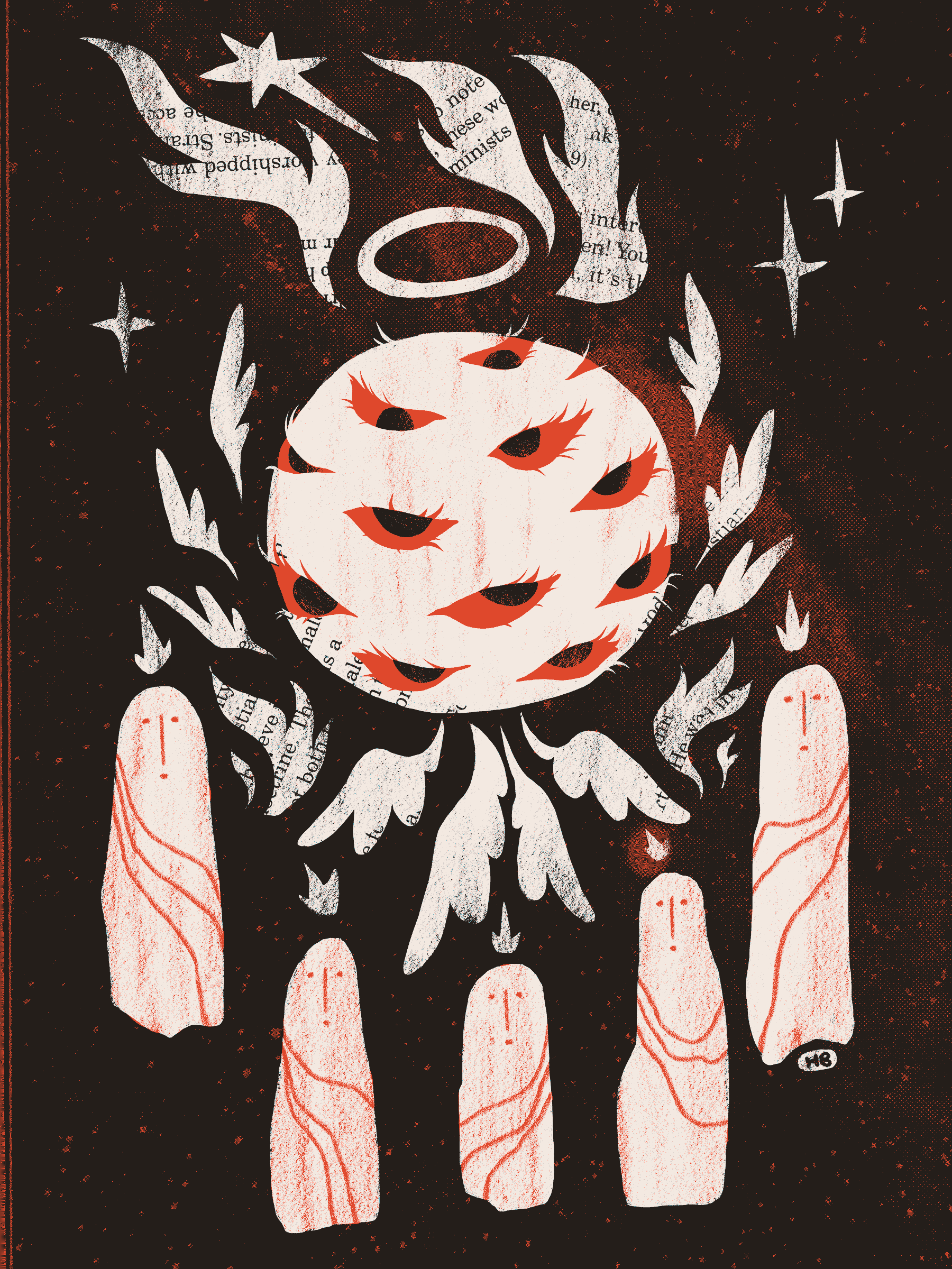 Five ghost-like saints gather below an angel that appears to be a sphere covered in eyes, surrounded by wings and flames, and shaded with Biblical text. The background is a red and black photo of a galaxy.