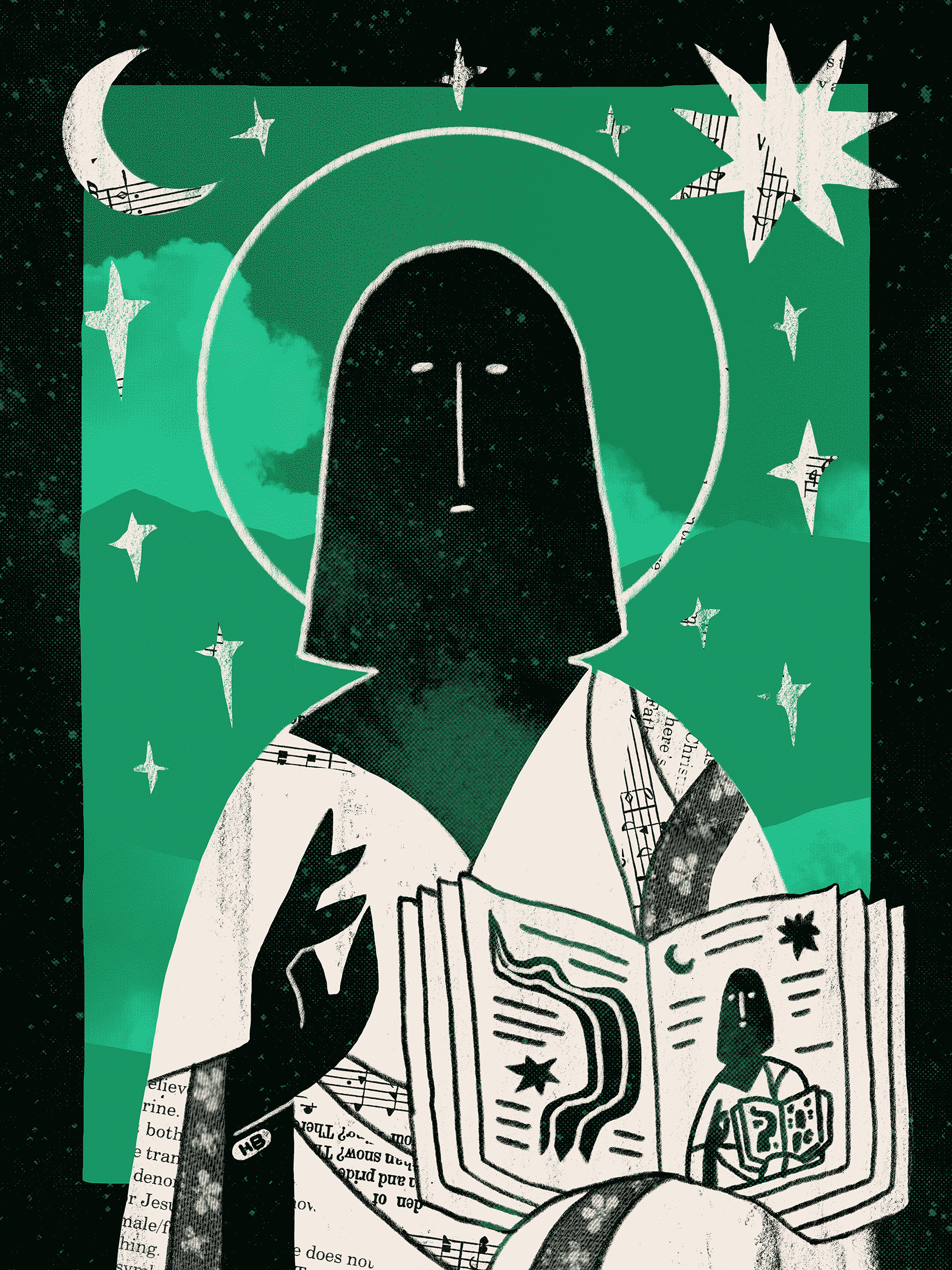 A green, black, and white figure holds up a book with a recursive image of themselves. A sun, moon, stars, and halo are behind, and collage is used to shade the piece.