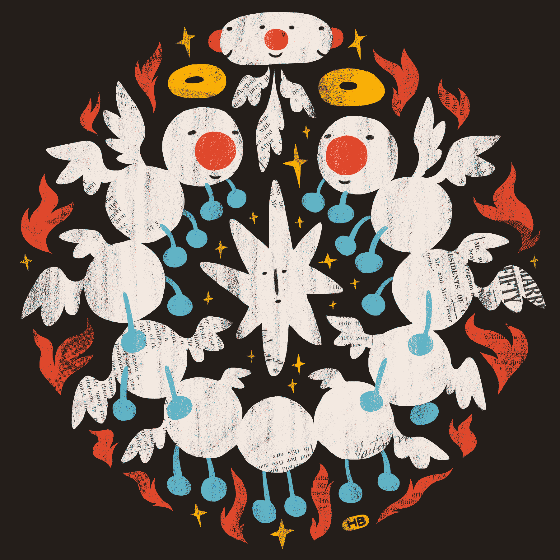 A star-like figure is surrounded by a cartoonish, centipede-like clown angel, another multi-faced clown angel, fire and stars. The piece is shaded with collage.