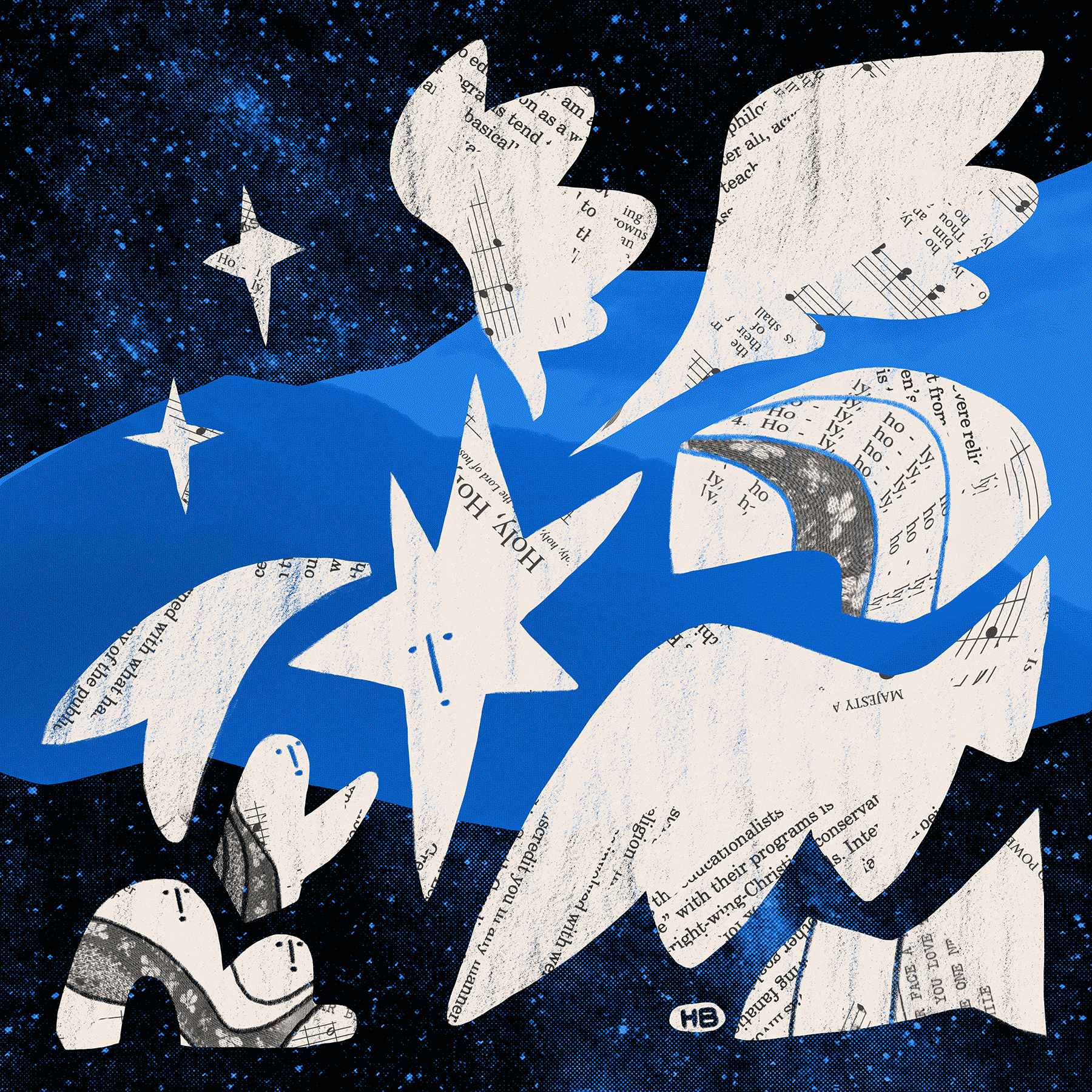 A collaged, star-headed angel bends down to fix their attention on two worshippers upon a collaged blue background.