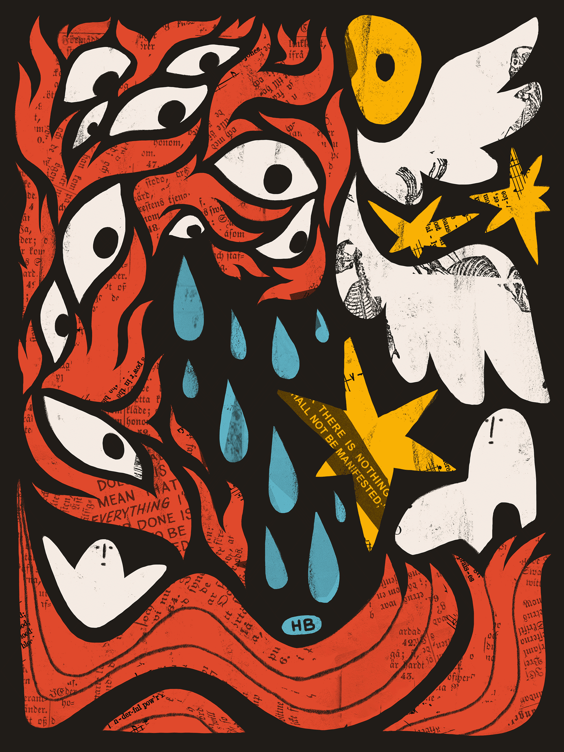 An abstract angel made of collage, fire, eyes, and wings rains down water and consumes two blob-like figures.