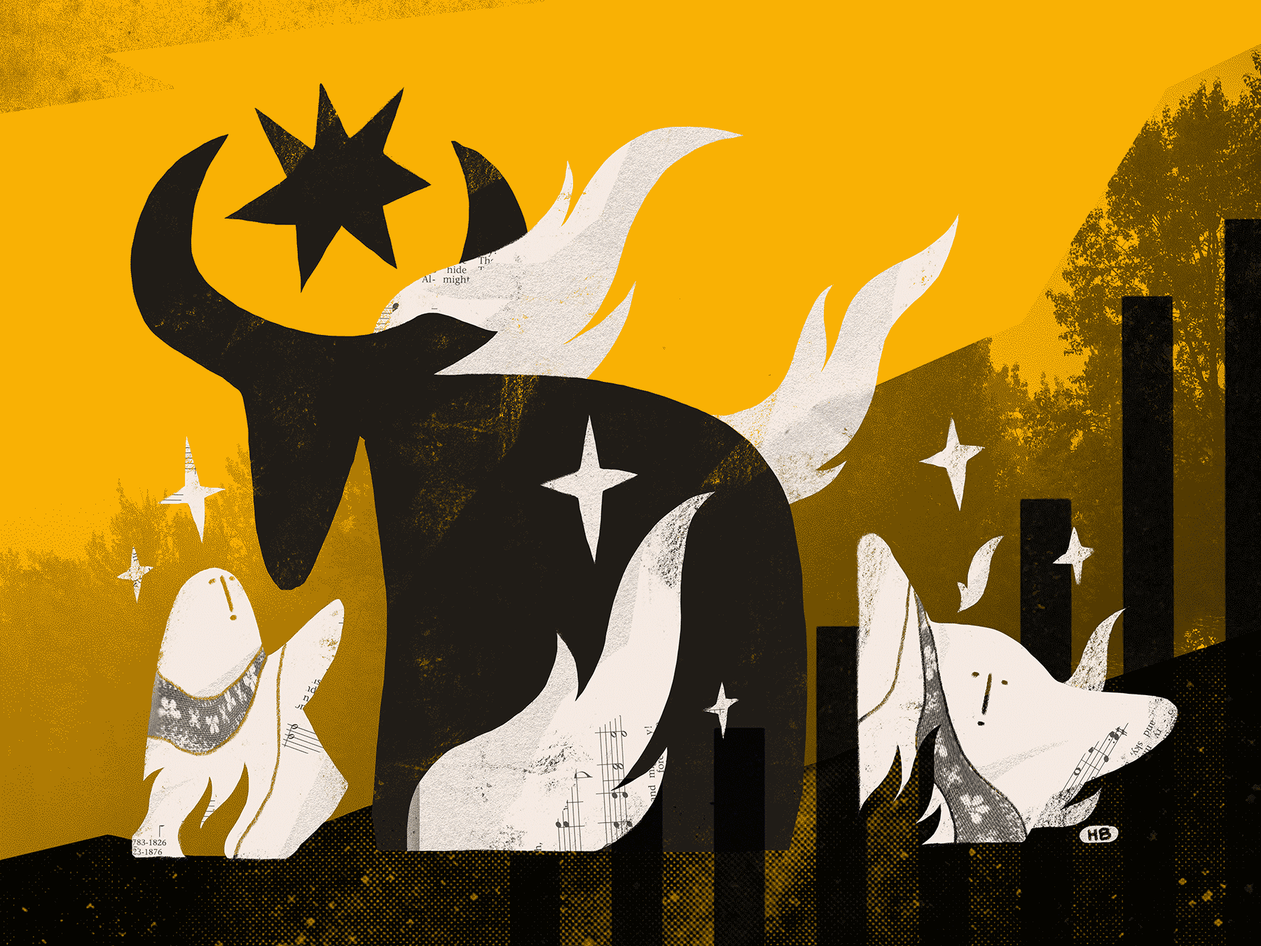 Two saints dance and revel around a bull statue lit aflame. The background is yellow with collage of trees, halftones, and bar graphs.