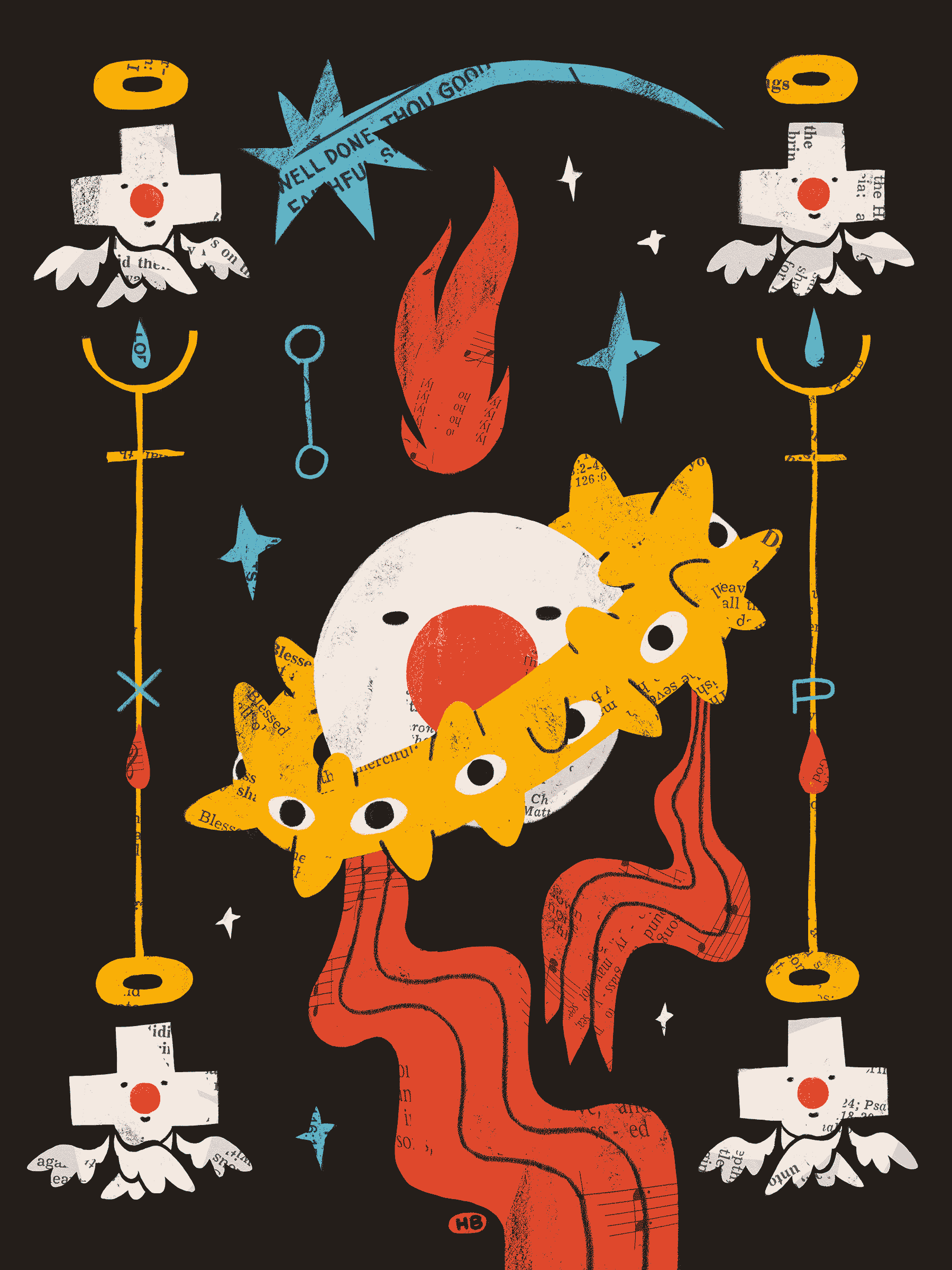 A group of clown-like angels gaze at the viewer. The central figure is shaped like a sphere surrounded by a ring, and the other four are shaped like crosses with wings. They are surrounded with glyphs, and shaded with collage.