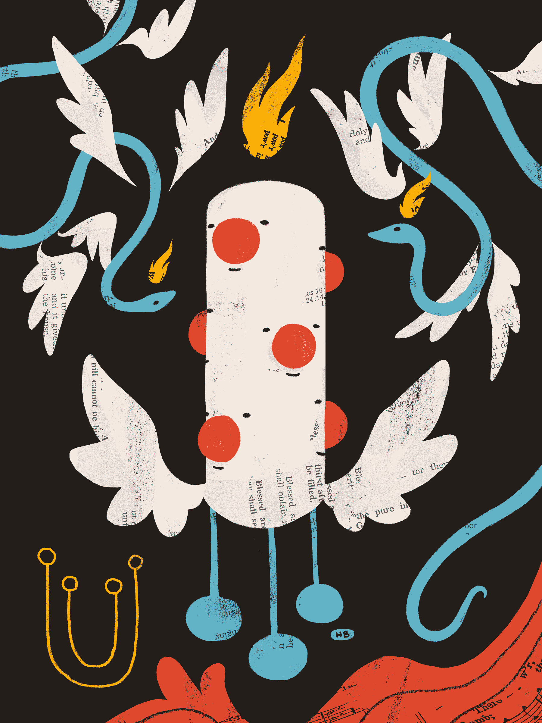 A column-shaped, clown-like angel looks outward with many faces, and is surrounded by serpentine angels with several wings each.