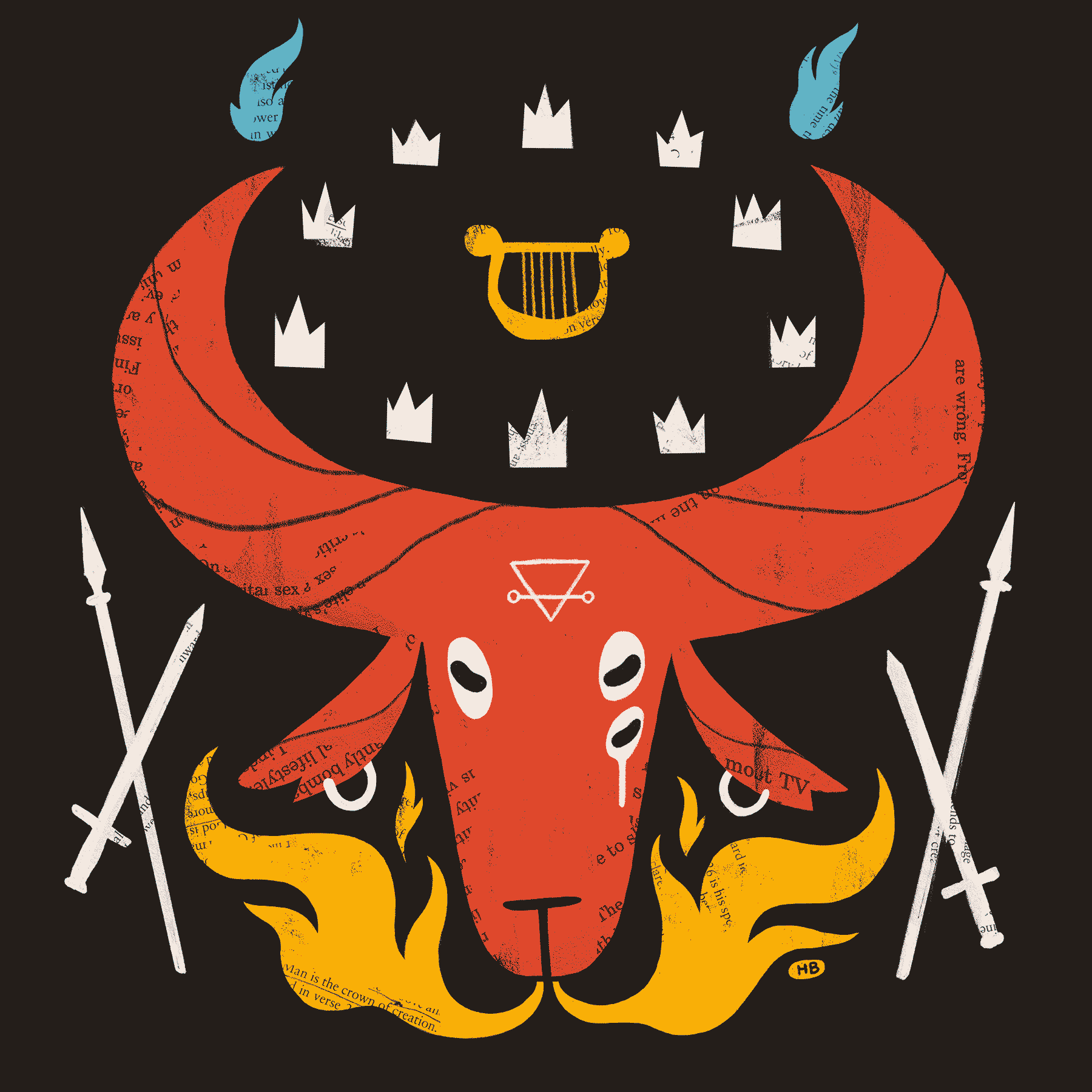 A three-eyed, red goat, breathing fire and surrounded by swords, spears, crowns, and a harp.