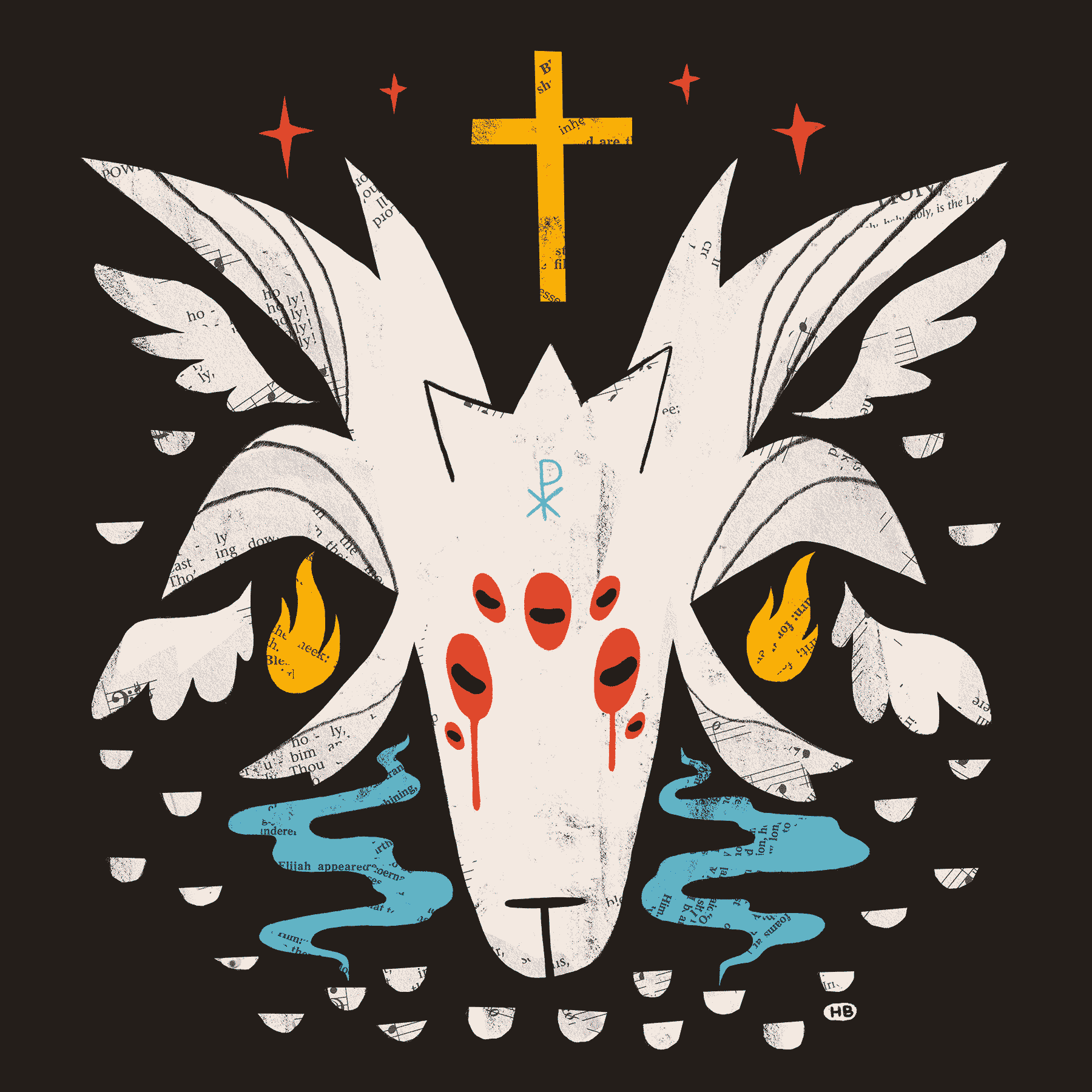 A white, many-horned goat with seven red eyes, surrounded by a crucifix, wings, flames, and bowls with smoke rising from them.