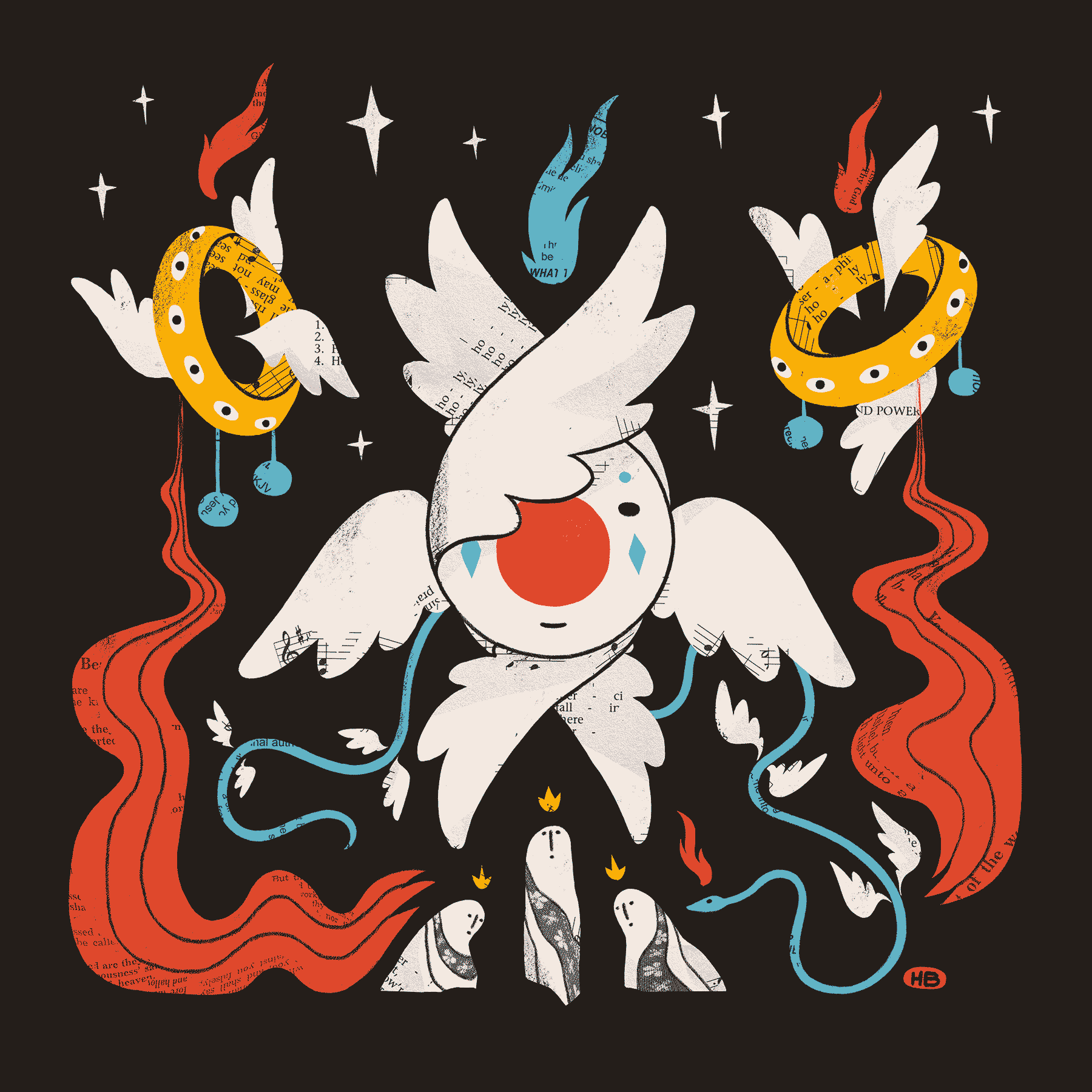 Three saints kneel before a group of angels. One resembles a clown face with six wings, two are ring-like and surrounded by eyes and wings, and the last is a blue, winged serpent winding between the others. One of the angels reaches down with a red hand toward the saints.