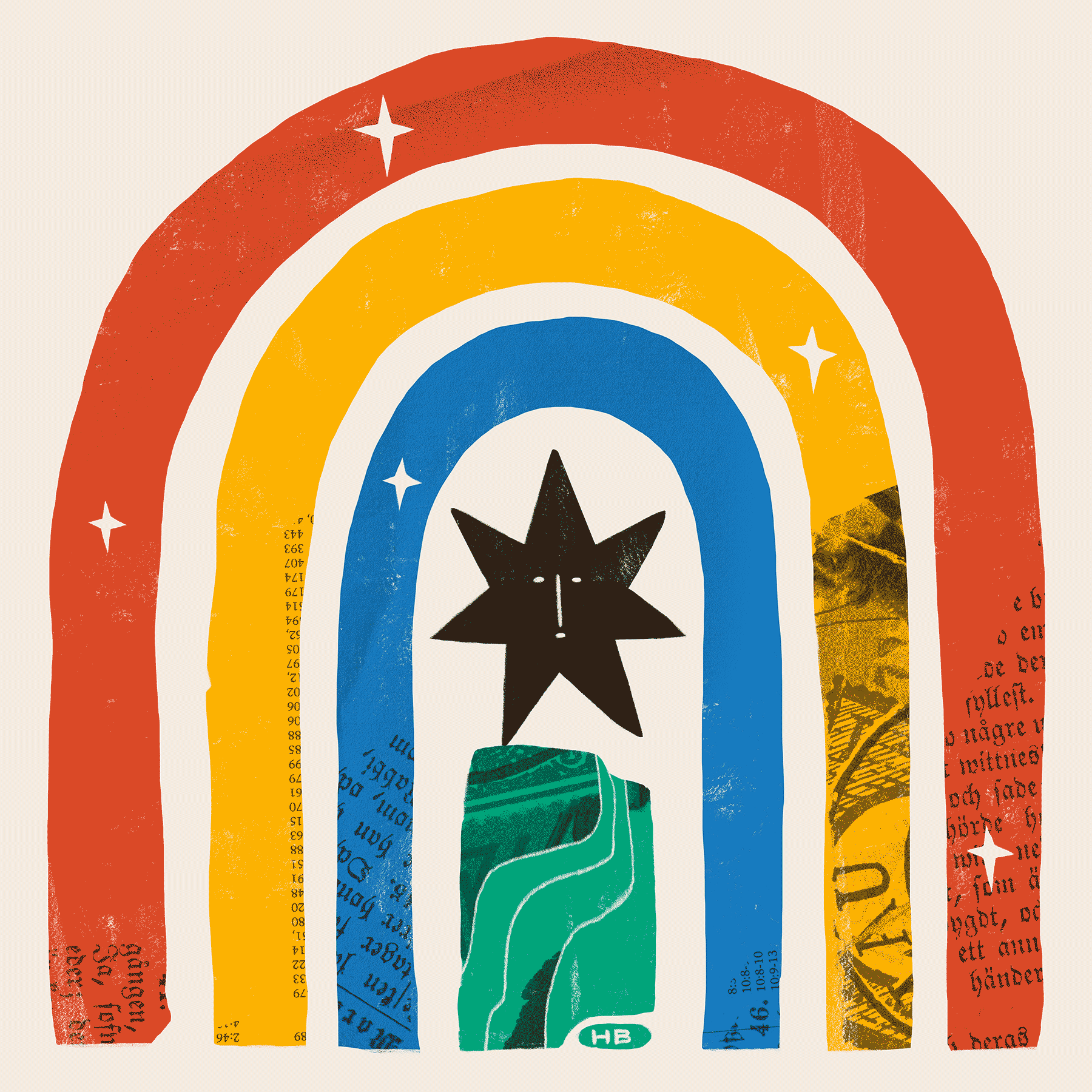 A black star with a face stands upon a green stone, underneath three arches in red, yellow, and blue. They are decorated with stars and collage.