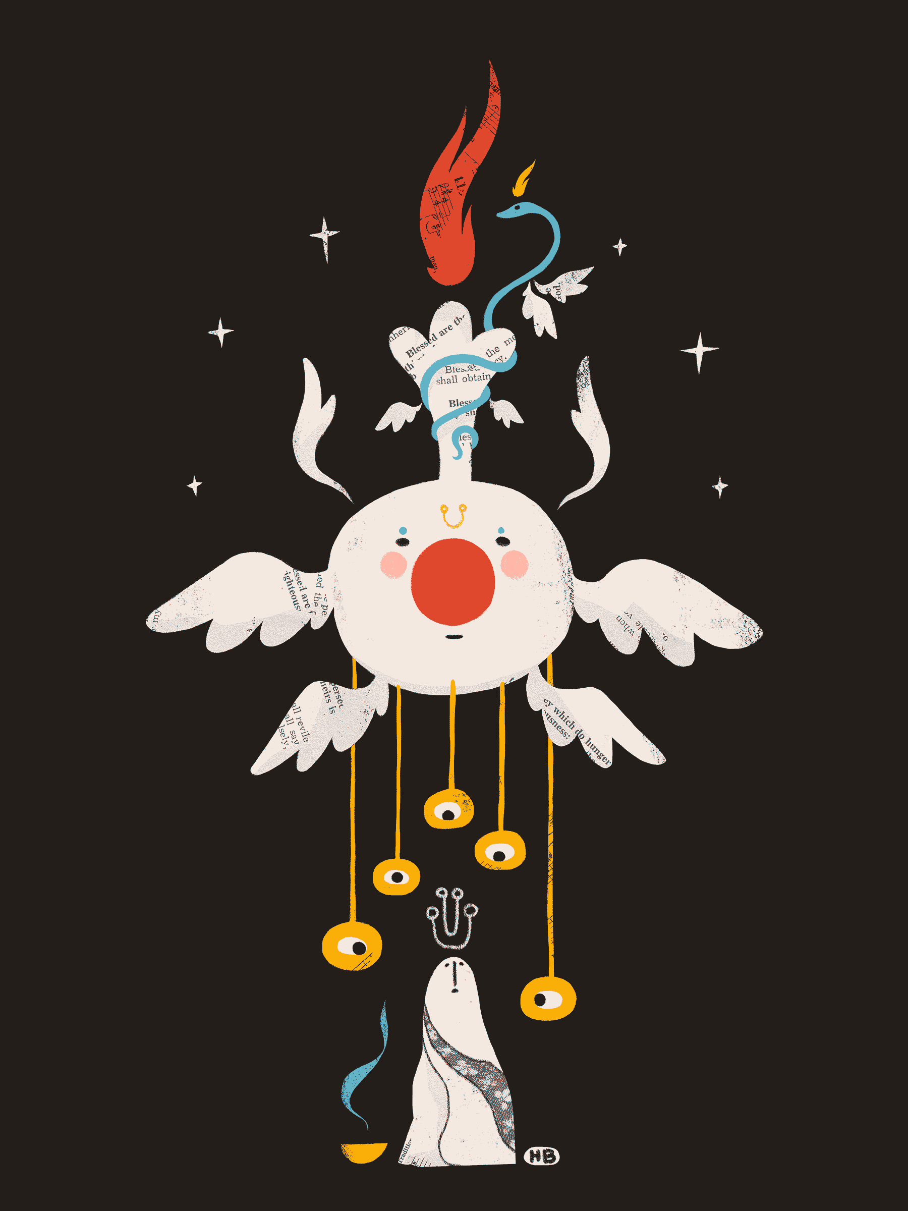 A clown-faced angel with six wings, a torch-like head and eyes on pendulumns below hovers over a saint and bowl of incense.